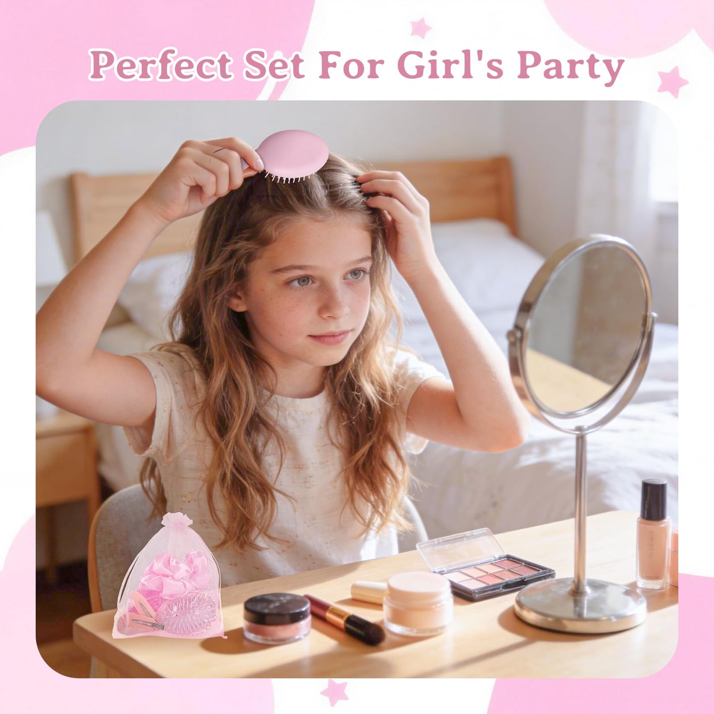 YPJXBEST 60 Pcs Makeup Party Favors, Including Hair Brushes, Elastic Scrunchies, Pocket Cosmetic Mirrors, And Organza Bags, Hair Clips Accessories(pink)