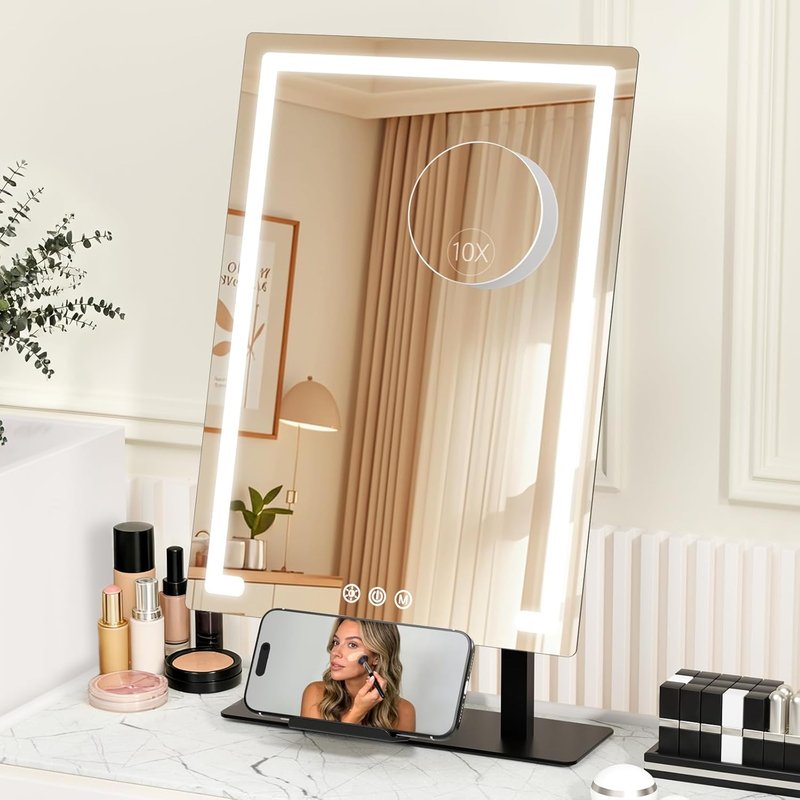 Vanity Mirror with Lights - 3 Color Modes & 10x Magnification | Rechargeable Makeup Mirror with Smart Touch Control & Phone Holder
