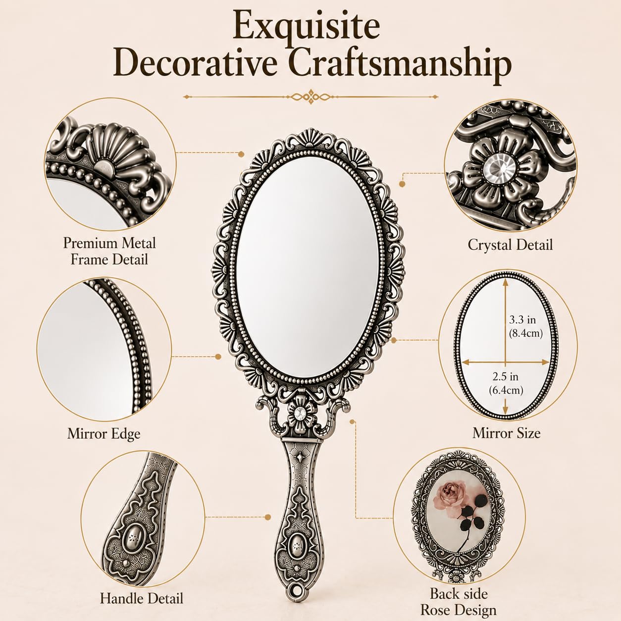 SEHAMANO Hand Mirror with Handle Compact Handheld Makeup Mirror Rose Cosmetic Clear Mirror (Matt Silver (Tin))