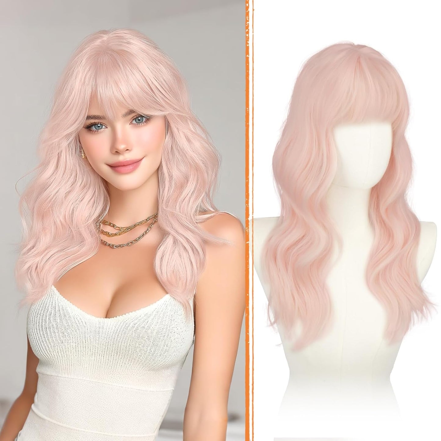 Brown Wigs with Bangs - 20-Inch Long Soft Wavy Synthetic Heat-Resistant Hair Wig for Women | Natural Look
