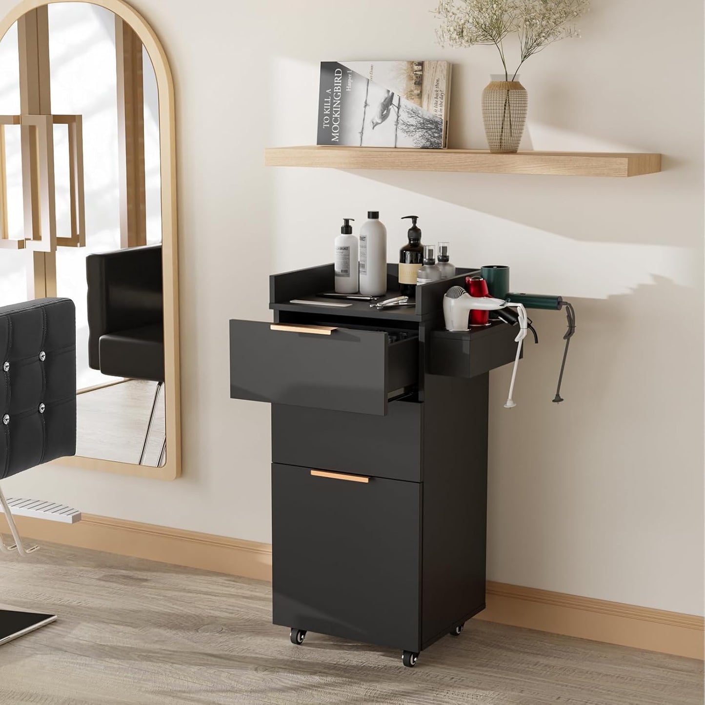OmySalon Salon Cart with Wheels - 3-Tier Rolling Hair Styling Station with Drawers & Adjustable Shelf | Black