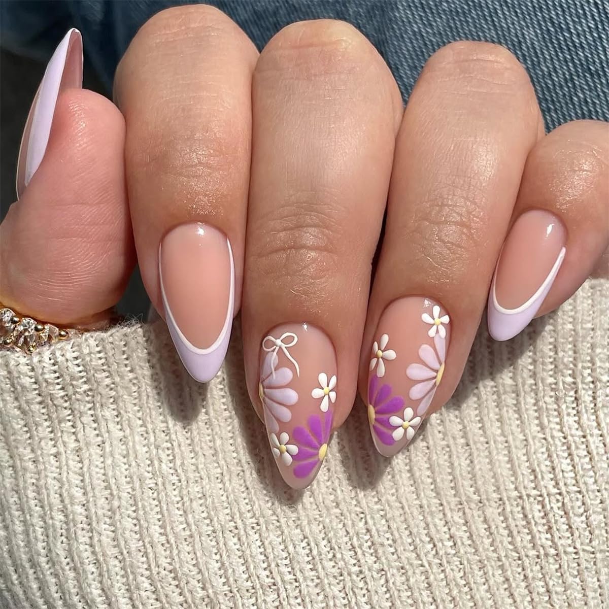 Cat Eye French Tip Press-On Nails - Nude & Pink Short Almond | Reusable Glue-On Nails with Gold Line for Weddings & Parties