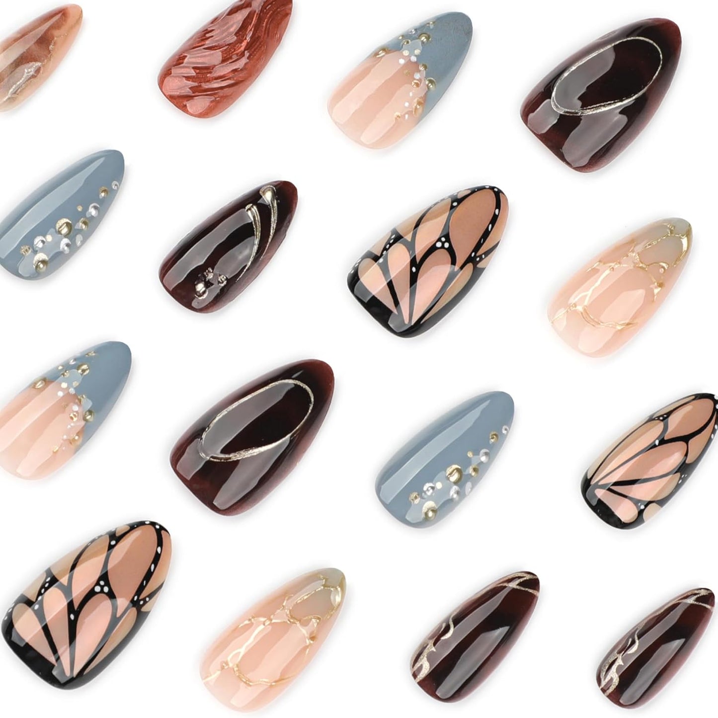 3D Butterfly Wings Press On Nails - Blue & Brown Almond Shape | Reusable Acrylic with Gold Line Pearl Designs