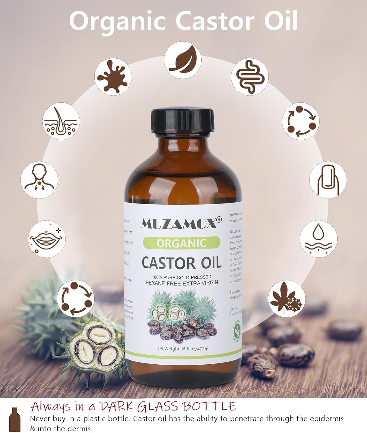 Organic Castor Oil - Cold Pressed & Unrefined | 100% Pure, Hexane-Free, 16 Fl Oz for Skin & Hair Growth