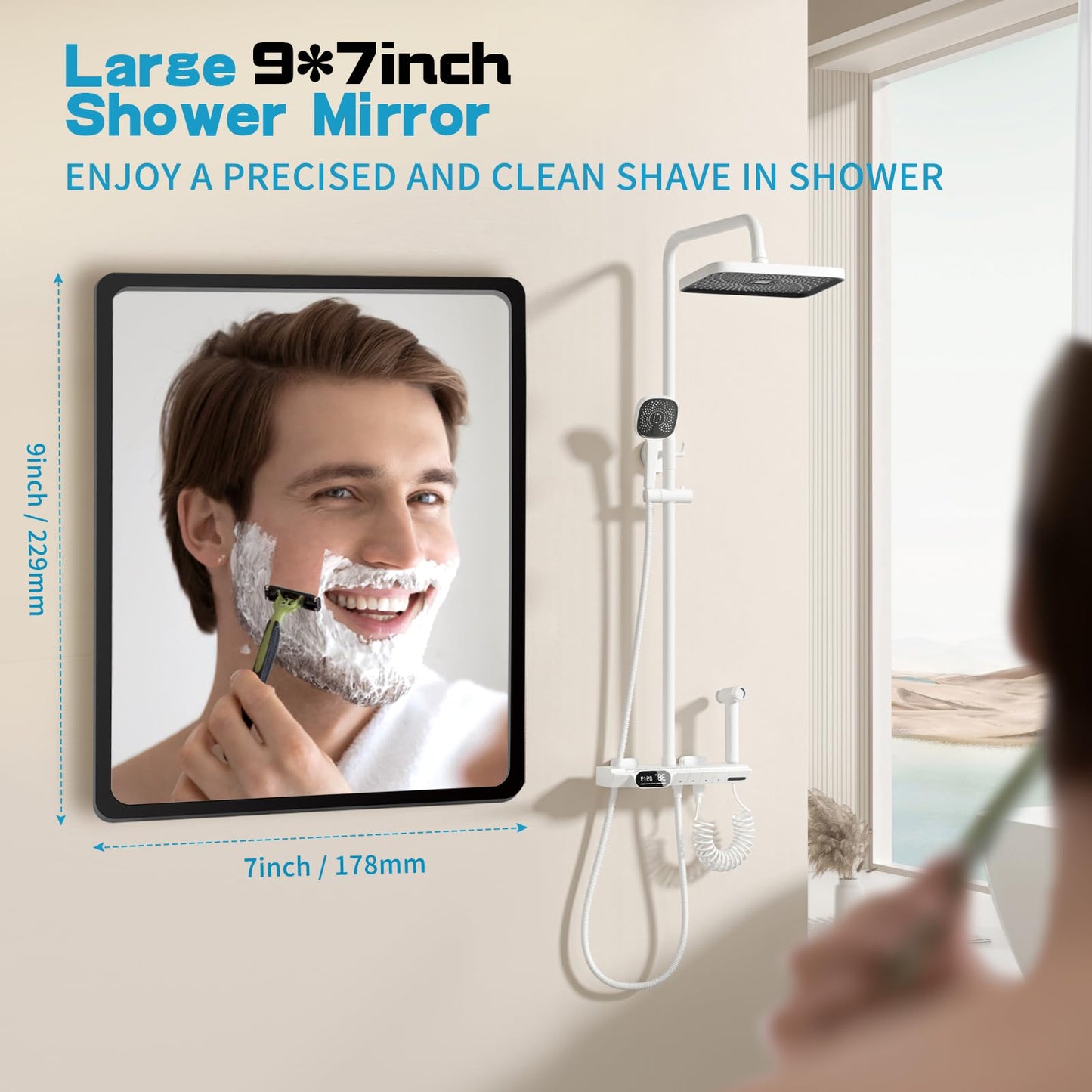 YoHumk Fog Free Shower Mirror (9 * 7 inch) 3M Adhesive Anti-Fog Bathroom Wall Mirror, Fogless Shower Makeup Mirror for Shaving, Shatterproof Glassless Child Safe Mirror (Rectangular Black Frame)