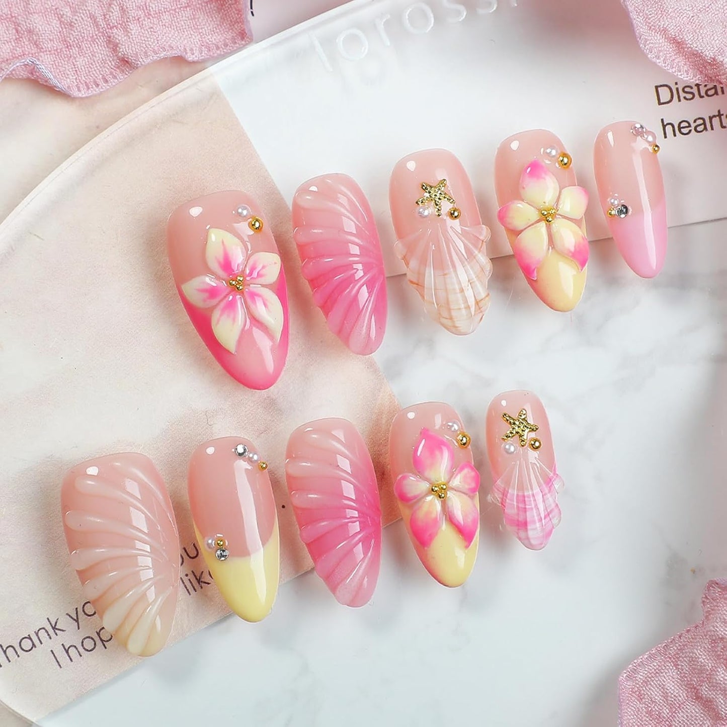 Medium Almond French Tip Press-On Nails - 3D Hibiscus & Gold Starfish Design | 24 Pcs Glossy Summer Acrylics