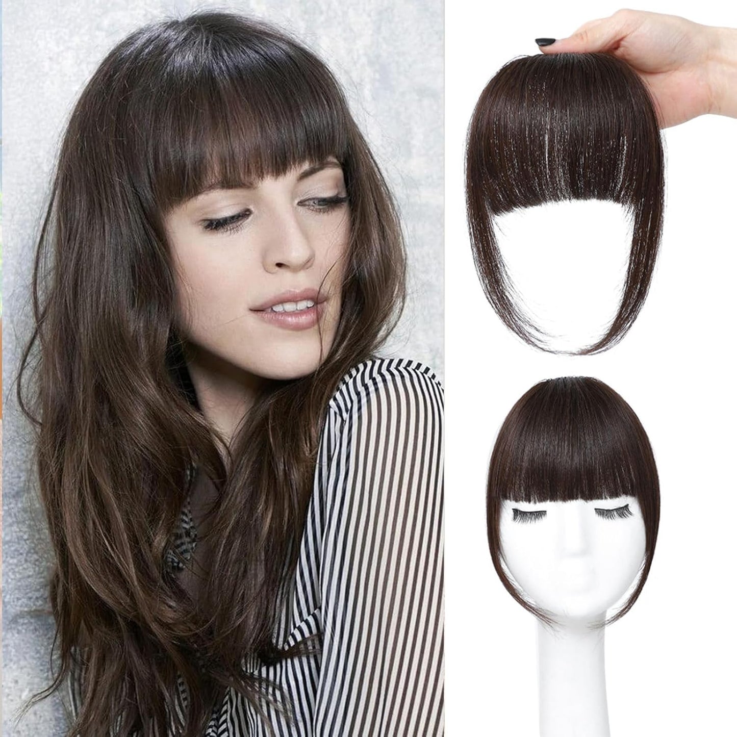 Clip In Bangs - 100% Real Human Hair Extensions | Natural Black Wispy Fringe for Women