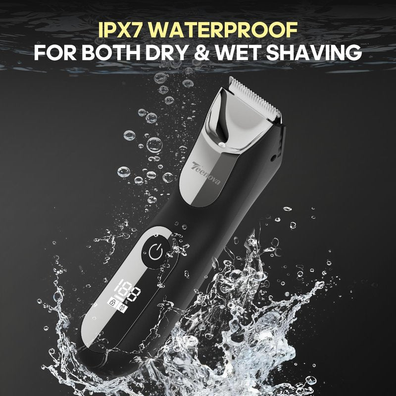TEENOVA Manscape Body Hair Trimmer for Men, No Nick Pubic Bikini Trimmer for Women, 3 in 1 Versatile Groin Shaver with Nose Hair Trimmer, Cordless Dock Charging, LED Display, Wet/Dry Grommer (Silver)