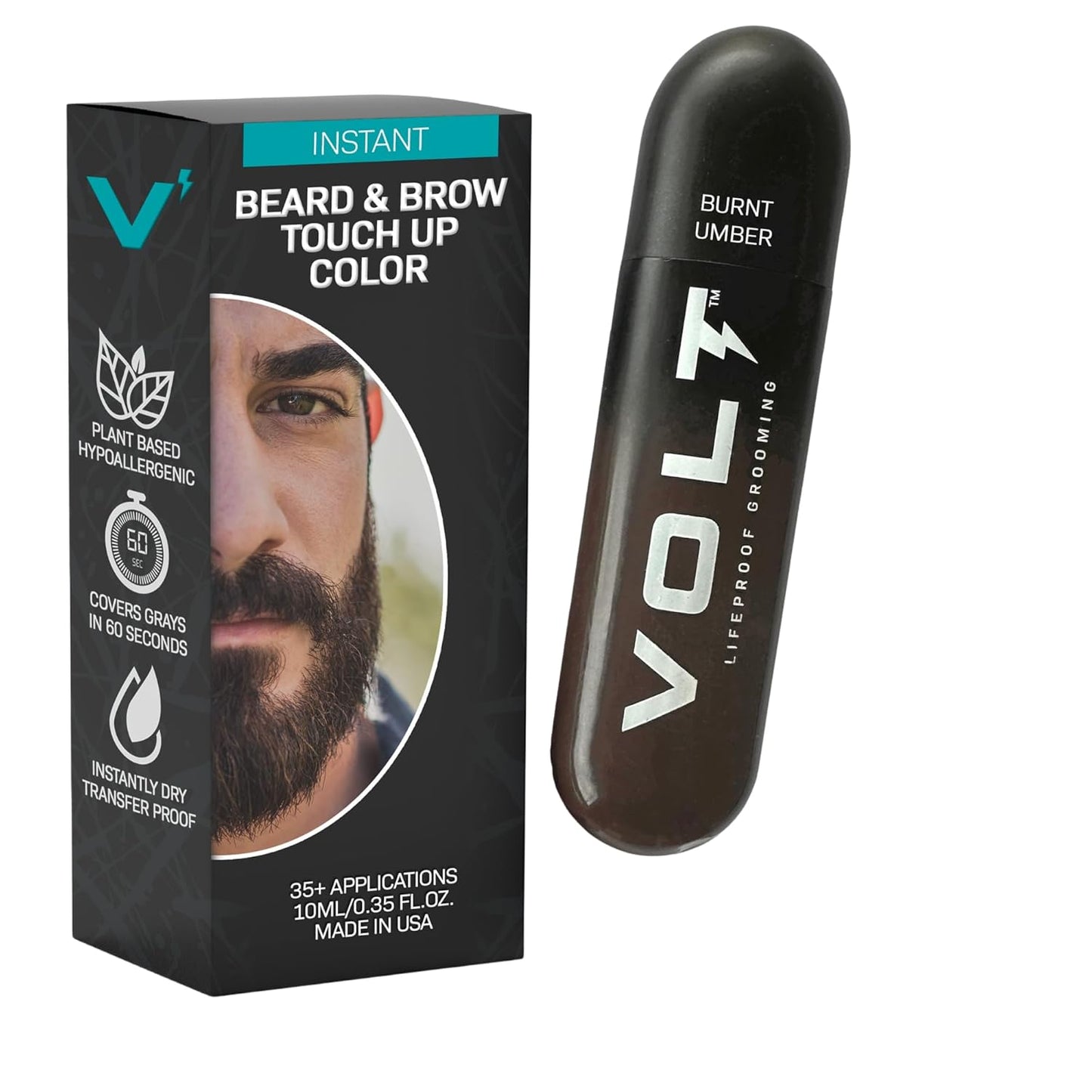 VOLT Instant Beard Color - Quick Drying Plant-Based Formula for Men | Ebony Brown/Black, 1 Pack, Up to 35 Applications
