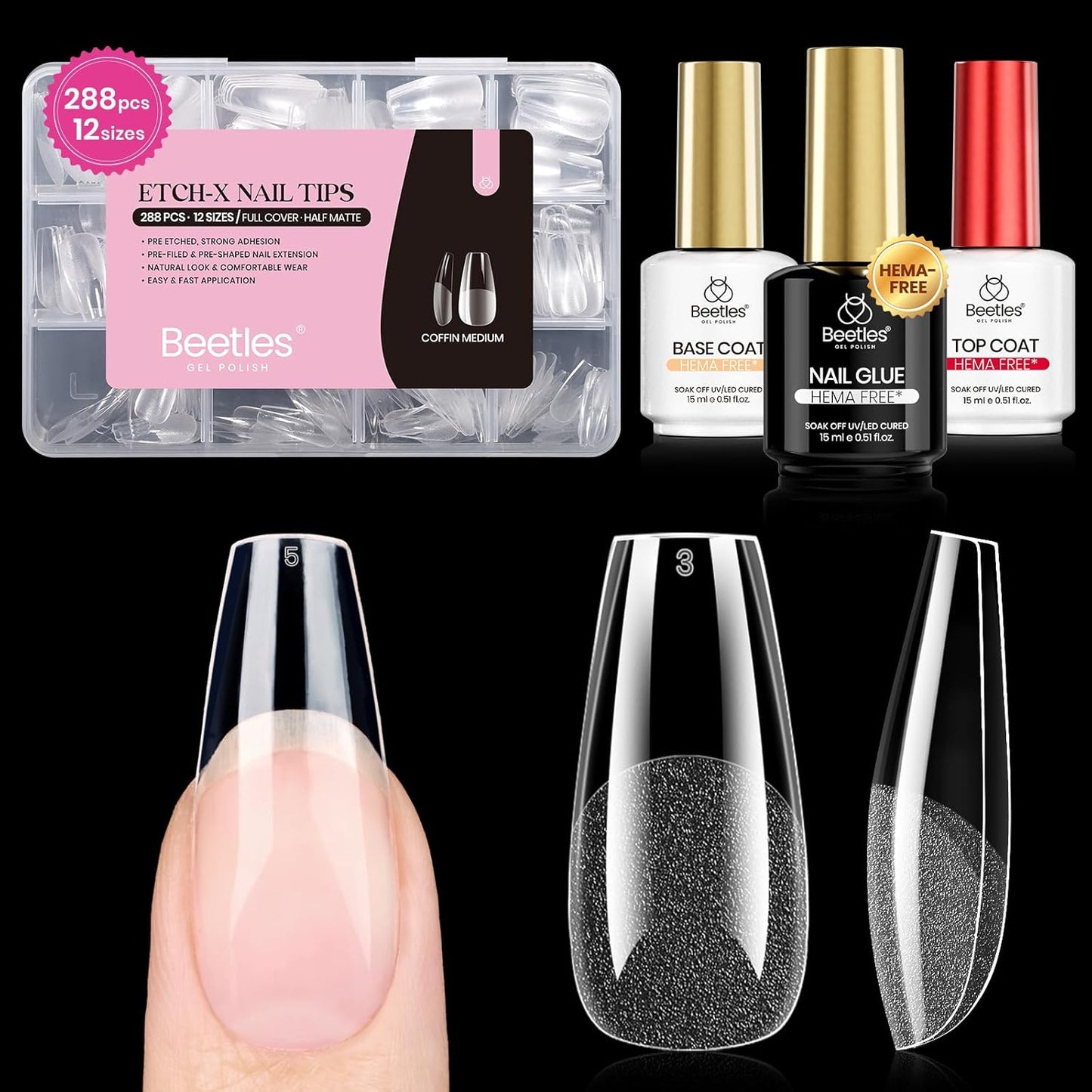 Beetles Gel Nail Kit - Almond Medium 288pcs Nail Tips with Hema-Free Glue Gel | Pre-Etched Half Matte Extension Set for DIY