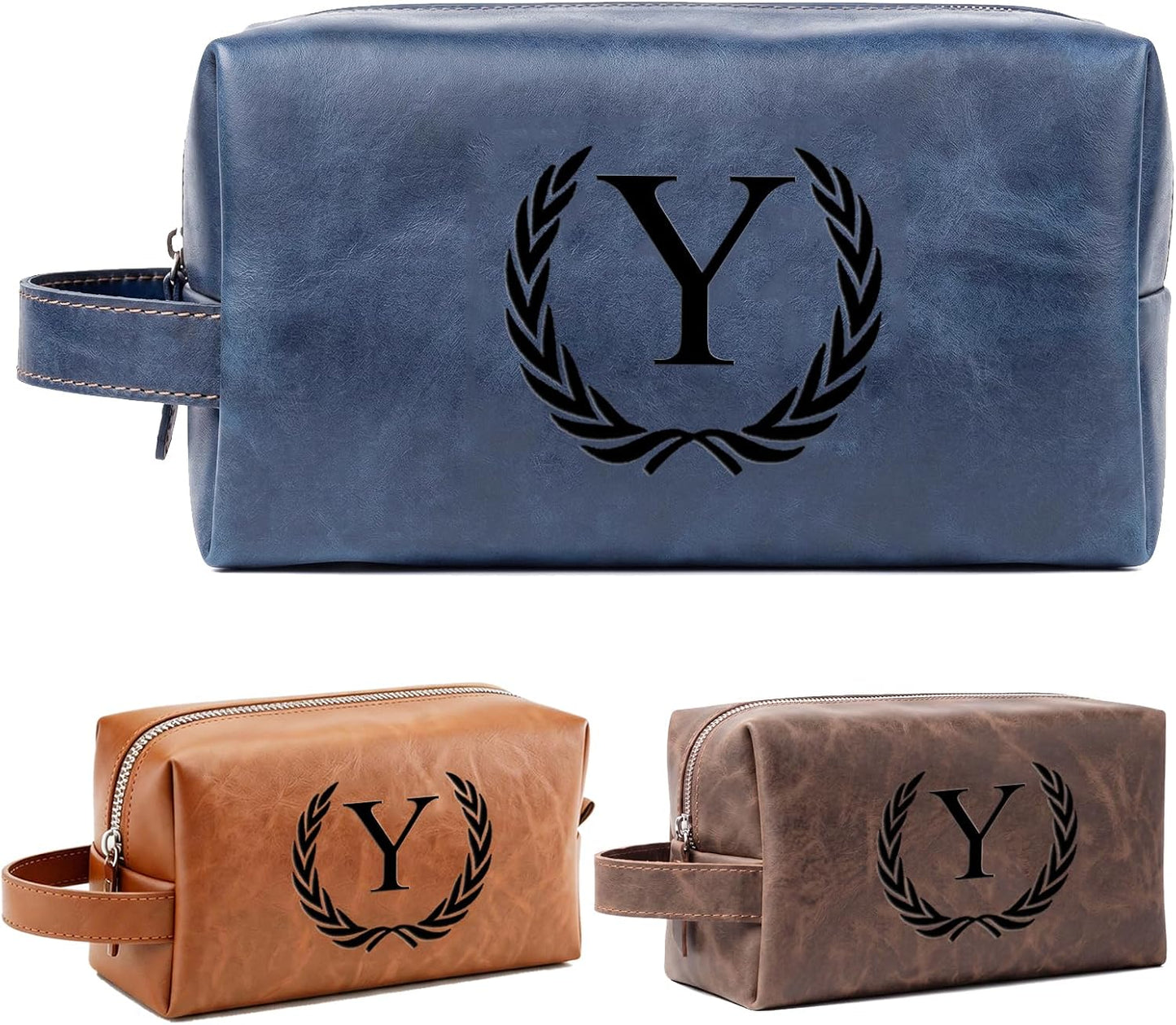 Personalized Leather Toiletry Bag for Men | Engraved Initial Waterproof Travel Bag - Dark Brown