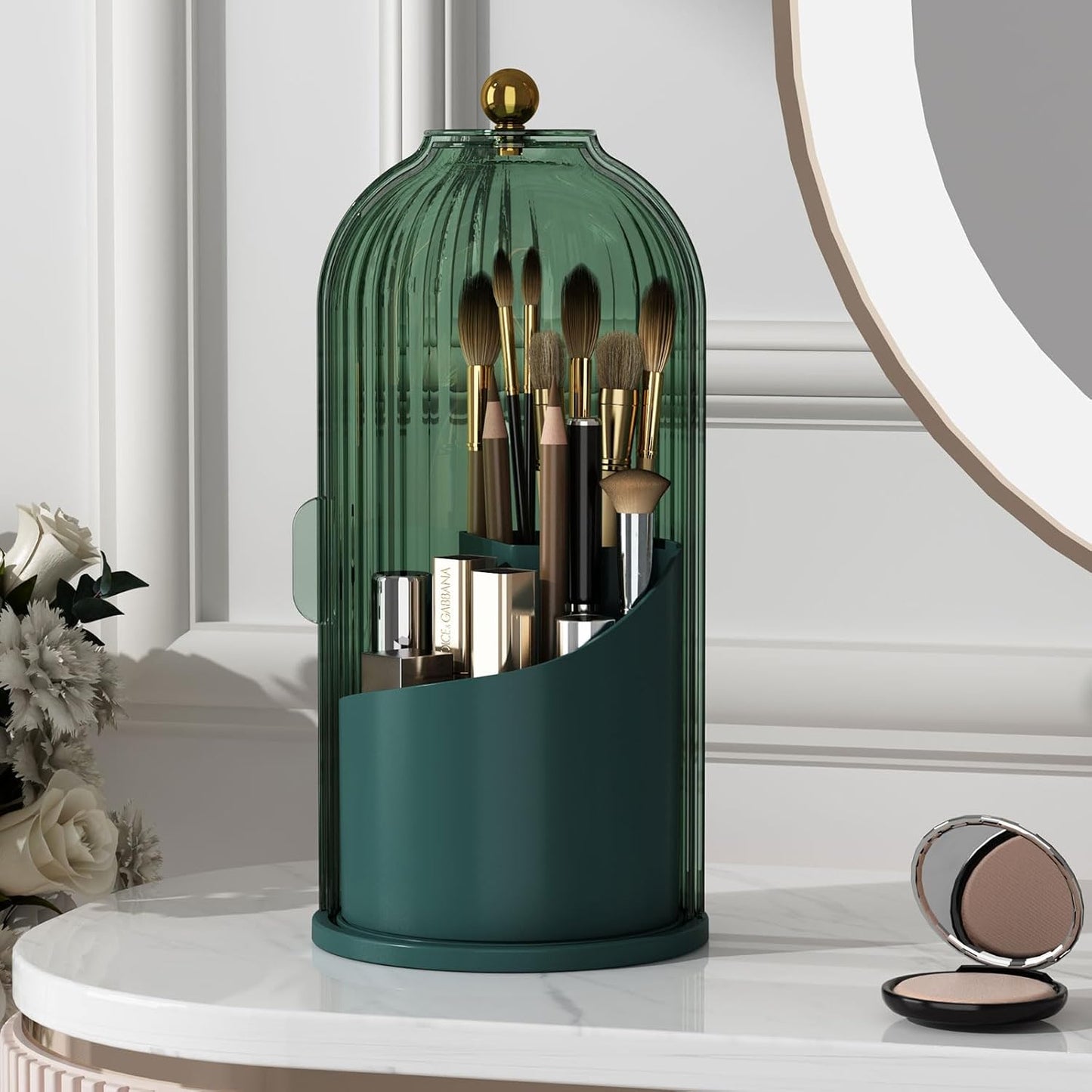 Makeup Brush Holder - 360 Rotating Clear Organizer with Lid for Vanity & Bathroom Countertop | Dustproof Design