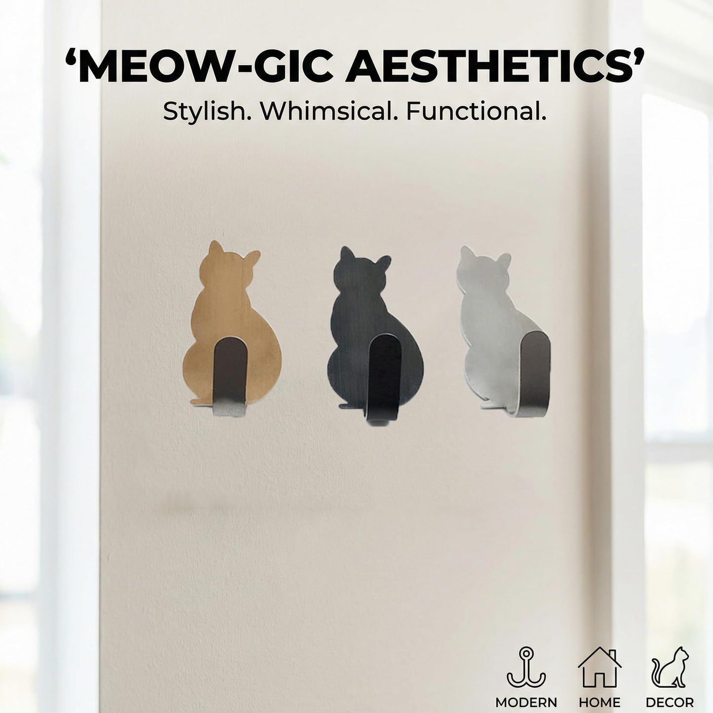 Cute Cat Adhesive Wall Hooks, 3 Pack No Drill Self Adhesive Hooks, Rustproof Stainless Steel Key & Towel Hooks for Bathroom, Kitchen, Entryway, Bedroom Wall Organization (Mixed Colors)