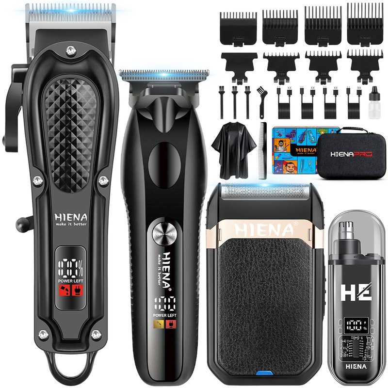 HIENA PRO Hair Clippers for Men Professional, Cordless Barber Clipper & T-Blade Beard/Hair Trimmer Set, Electric Razor Foil Shaver Nose Trimmer Barber Kit, Men's Hair Cutting Kit