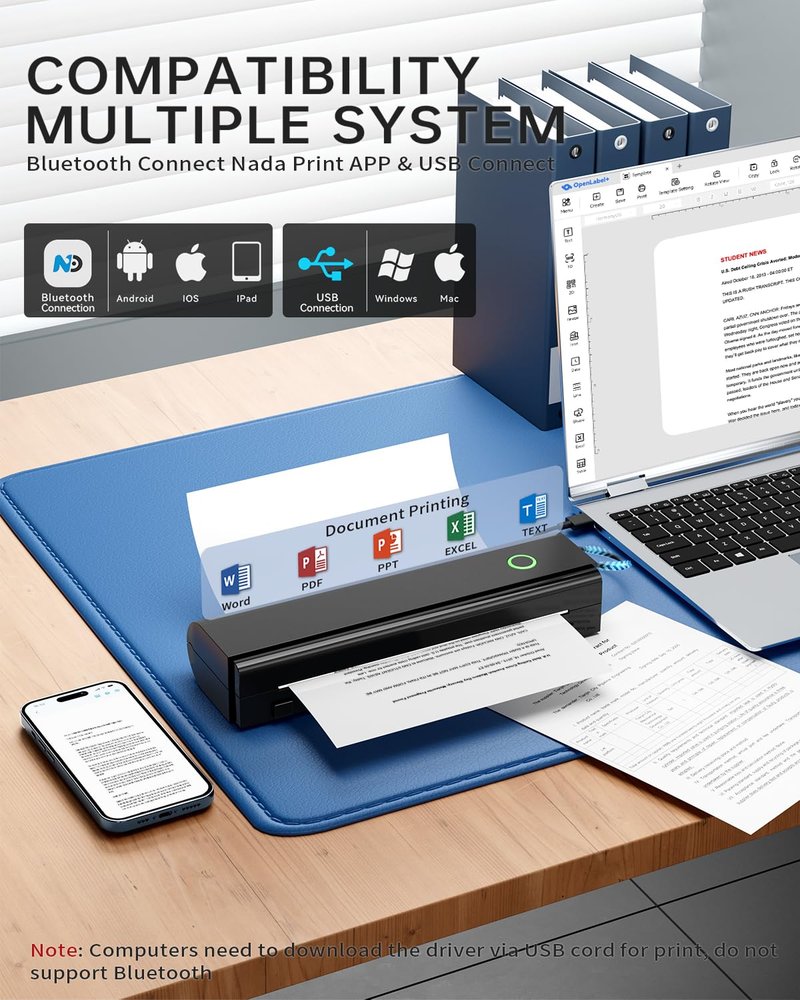NDYIN Portable Printers Wireless for Travel, N80 Wireless Thermal Printer Bluetooth Inkless Printer Support 8.5" X 11" US Letter & A4, Compatible with iOS, Android, Laptop