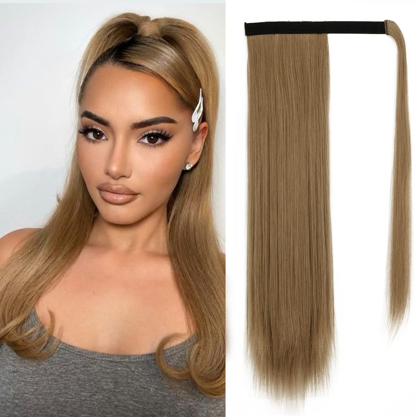 Dark Brown Straight Ponytail Extension - 28 Inch Clip-In Hairpiece for Women | Synthetic Wrap Around Style