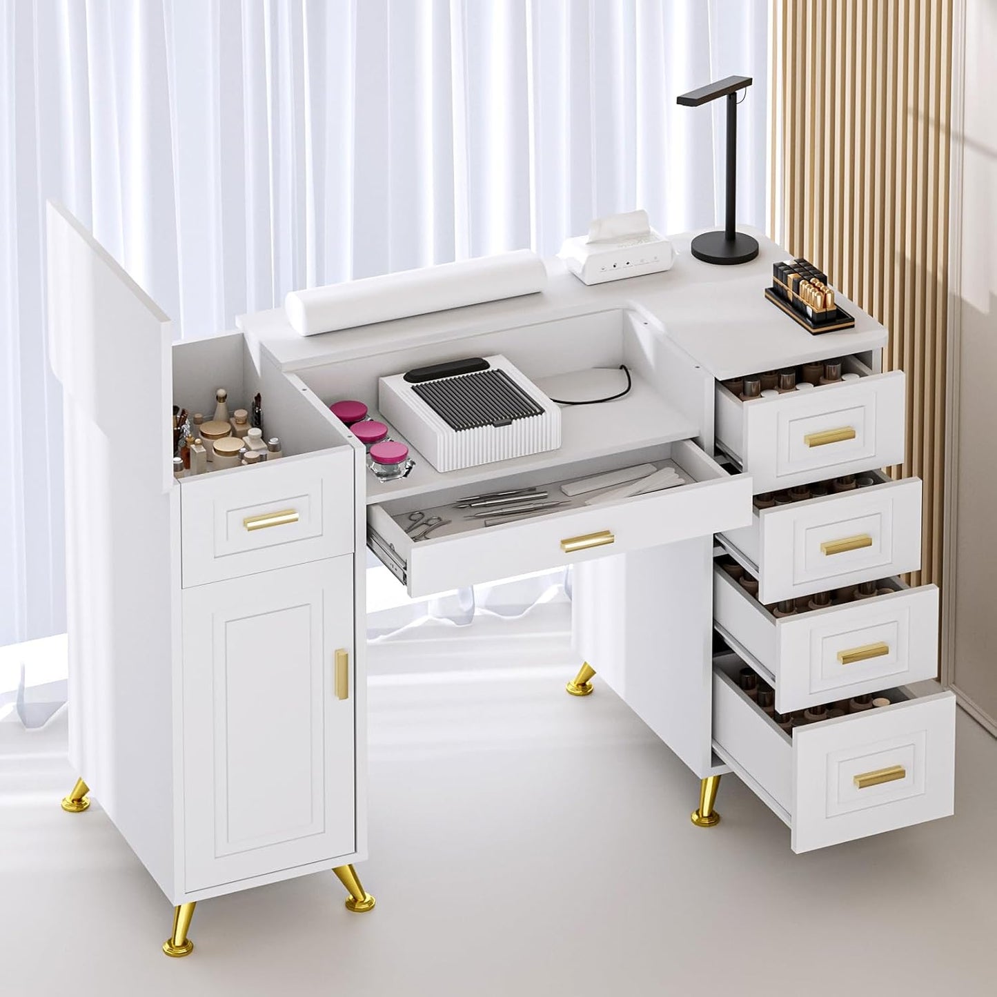 Manicure Table - Nail Tech Desk with Dust Collector & Storage | White Removable Panel Design for Salon or Home Studio
