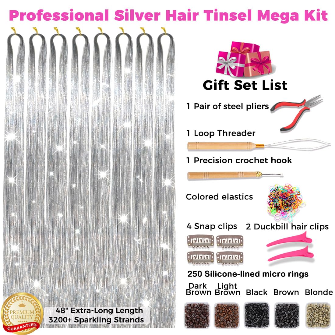Hair Tinsel Kit - 3200+ Strands Silver Holographic Fairy Hair | 48" Heat Resistant Glitter Extensions for Easy DIY Fun