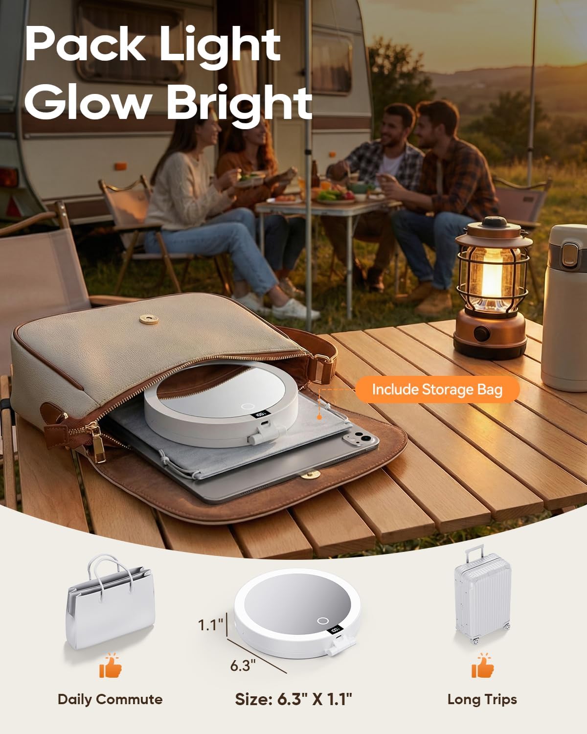 Travel Makeup Mirror with Lights - 20X/1X Dual-Sided Magnifying | Rechargeable, Dimmable, Portable Folding Design
