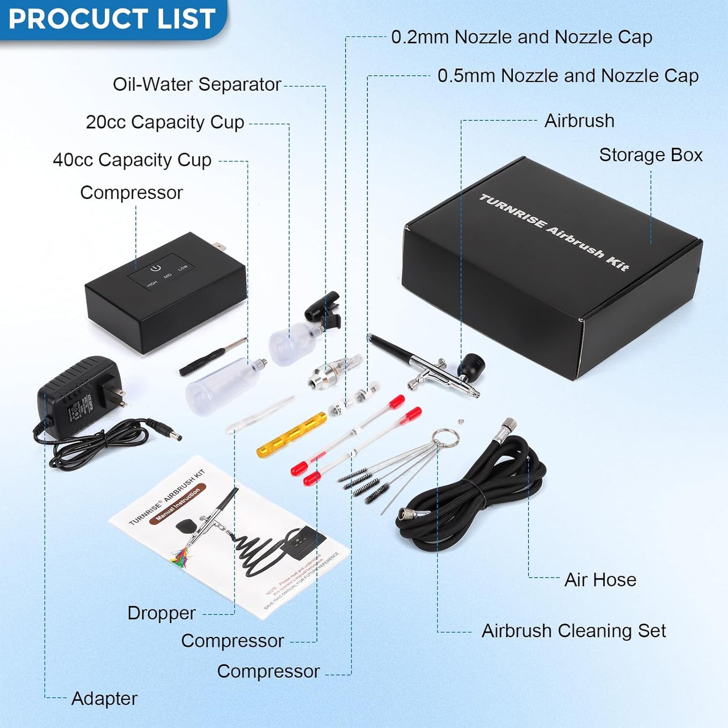 Airbrush Kit - Dual Action Airbrush Gun with 3 Nozzles & Compressor | Ideal for Painting, Nails, Makeup & Cake Decorating