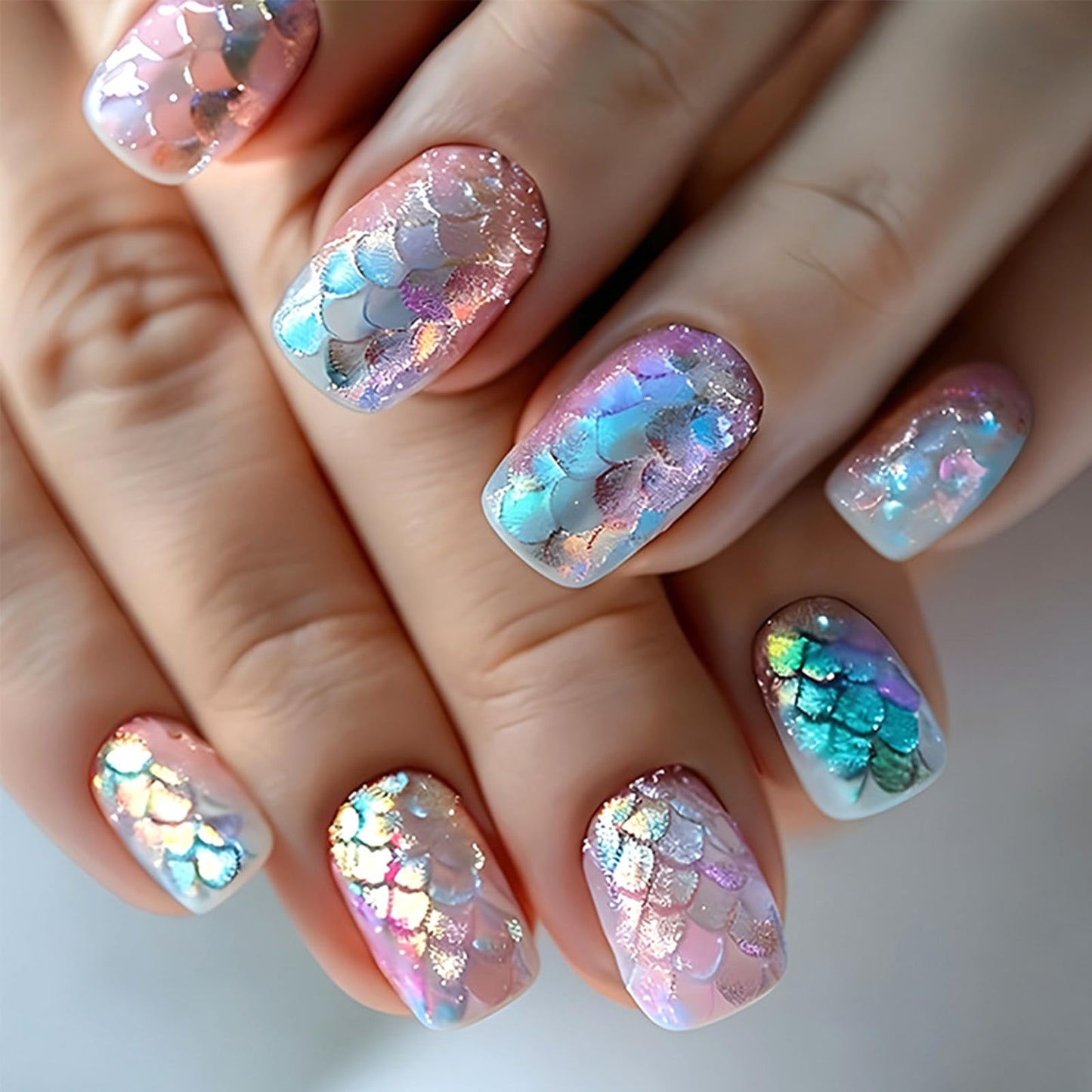 Mermaid Press on Nails Short Square, Gradient Colorful Fake Nails with 3D Fish Scales Design Summer Vacation False Nails, 24Pcs Glossy Reusable Artificial Stick on Nails for Women Manicure