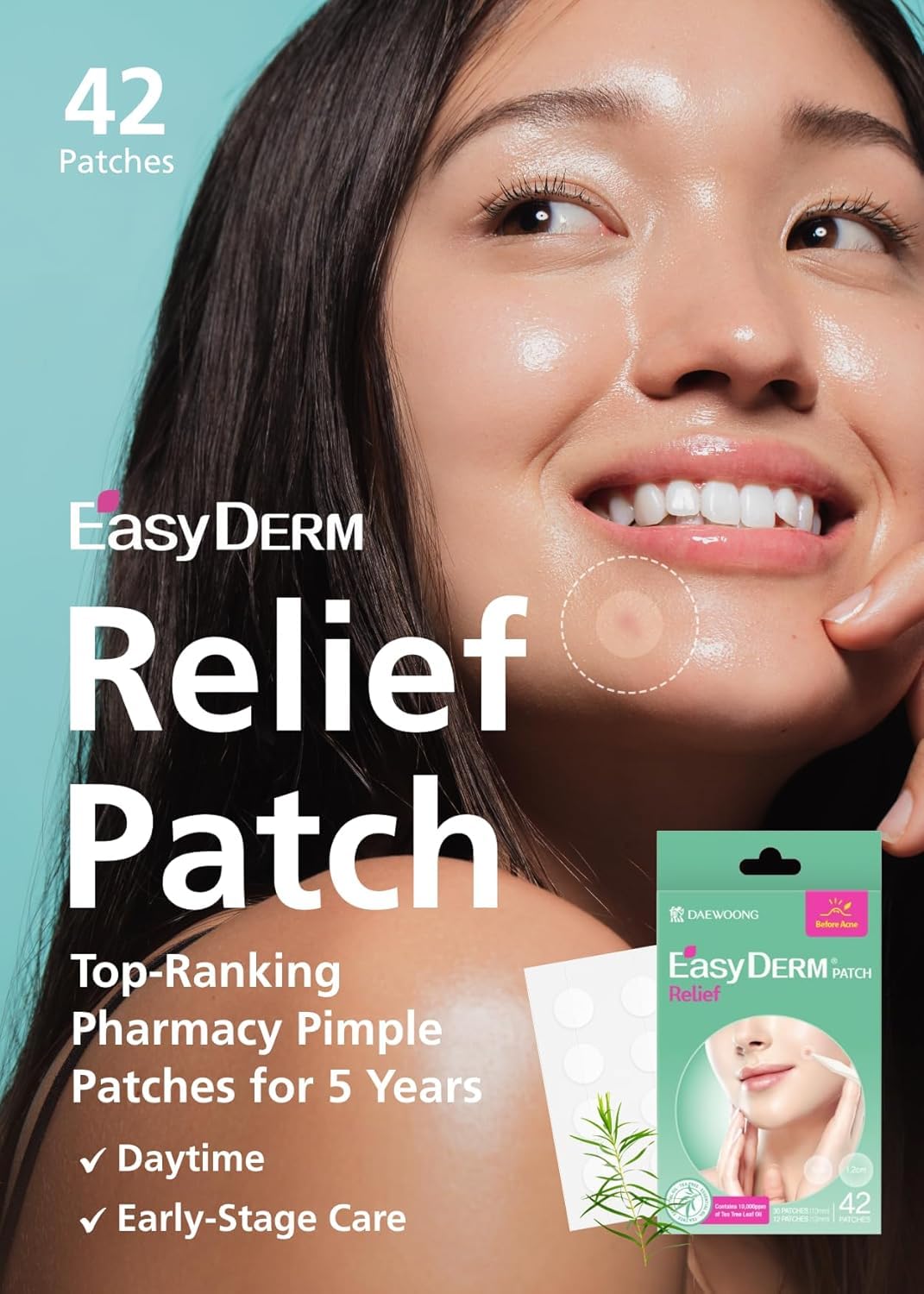 EasyDerm Relief Invisible Patch 4 Packs (168 Patches) | 10,000 ppm Tea Tree Oil, Ultra-Slim 0.1mm, Waterproof Acne Patch, Clear Skin Essential for Daily Care, Summer & Travel Essentials