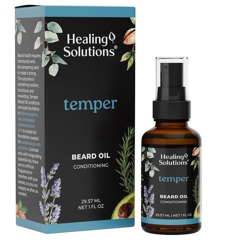 Healing Solutions Temper Beard Oil, All Natural Oil with Baobab, Argan, & Avocado Oil, 1oz, Deep Conditioning for Soft, Manageable Beard, No Synthetic Fragrance