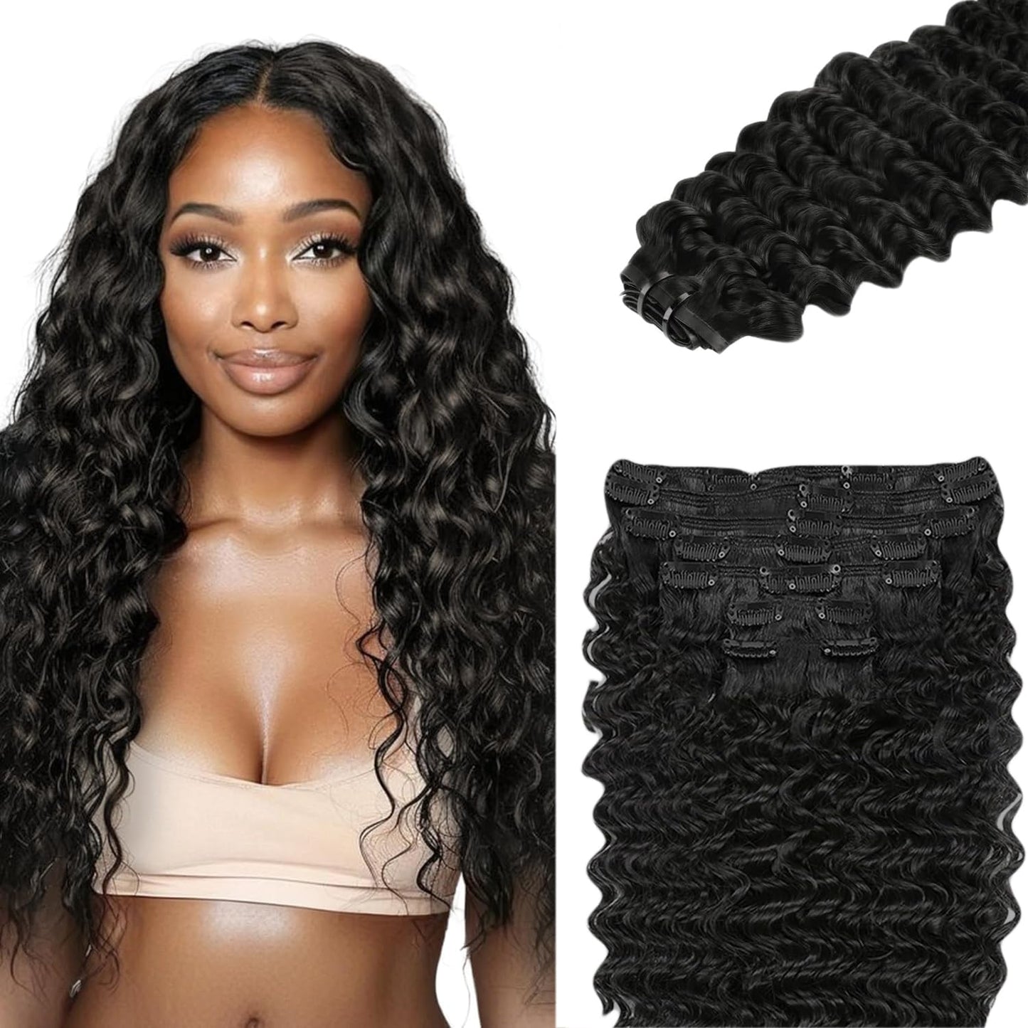 Deep Wave Clip ins Human Hair, 22 Inch 120g/7Pcs,Full Shine Black Human Hair,Natural Black Clip ins Brazilian Virgin Hair #1B Deep Wave Clip in Hair Extensions