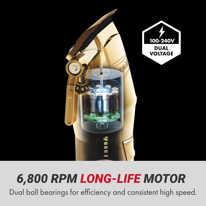 BaBylissPRO GOLDFX+ Professional Barber Cord/Cordless Hair Clippers for Men, All Metal, Lithium Battery with 3-Hour Runtime, Gold