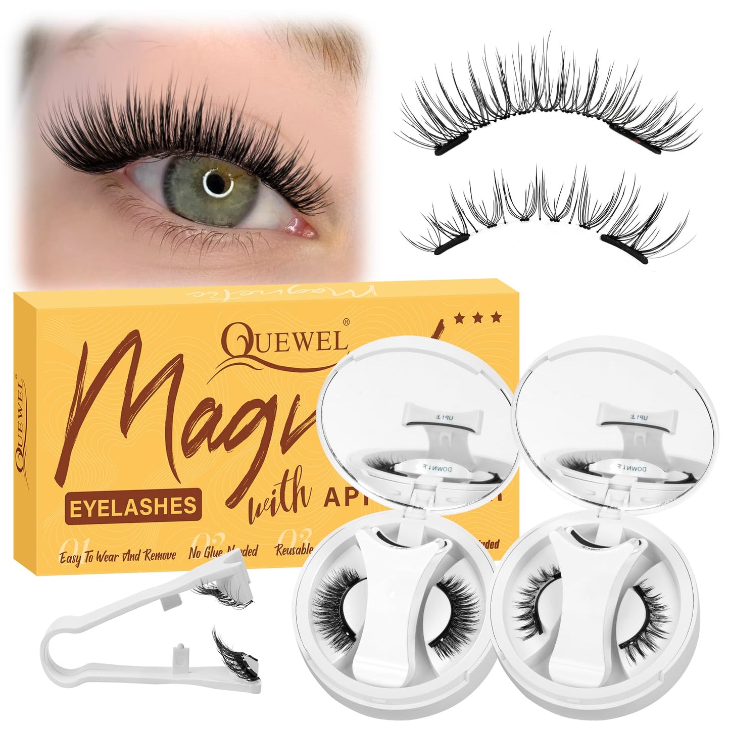 QUEWEL 2 Pairs Magnetic Eyelashes with Applicator Reusable No Glue Needed Magnetic Lashes Cat Eye Natural Look Lashes Kit Easy to Wear and Remove(NZH A+D)