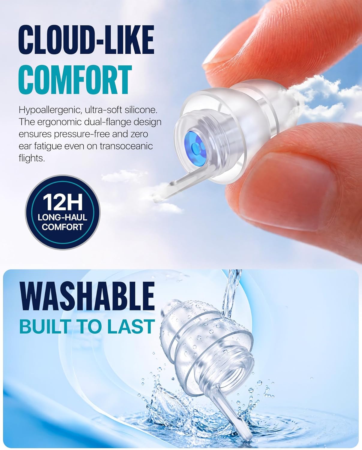 Airplane Ear Plugs - Pressure Relief Earplugs for Travel | Reusable Soft Earbuds, 25dB Noise Reduction, 2 Pairs