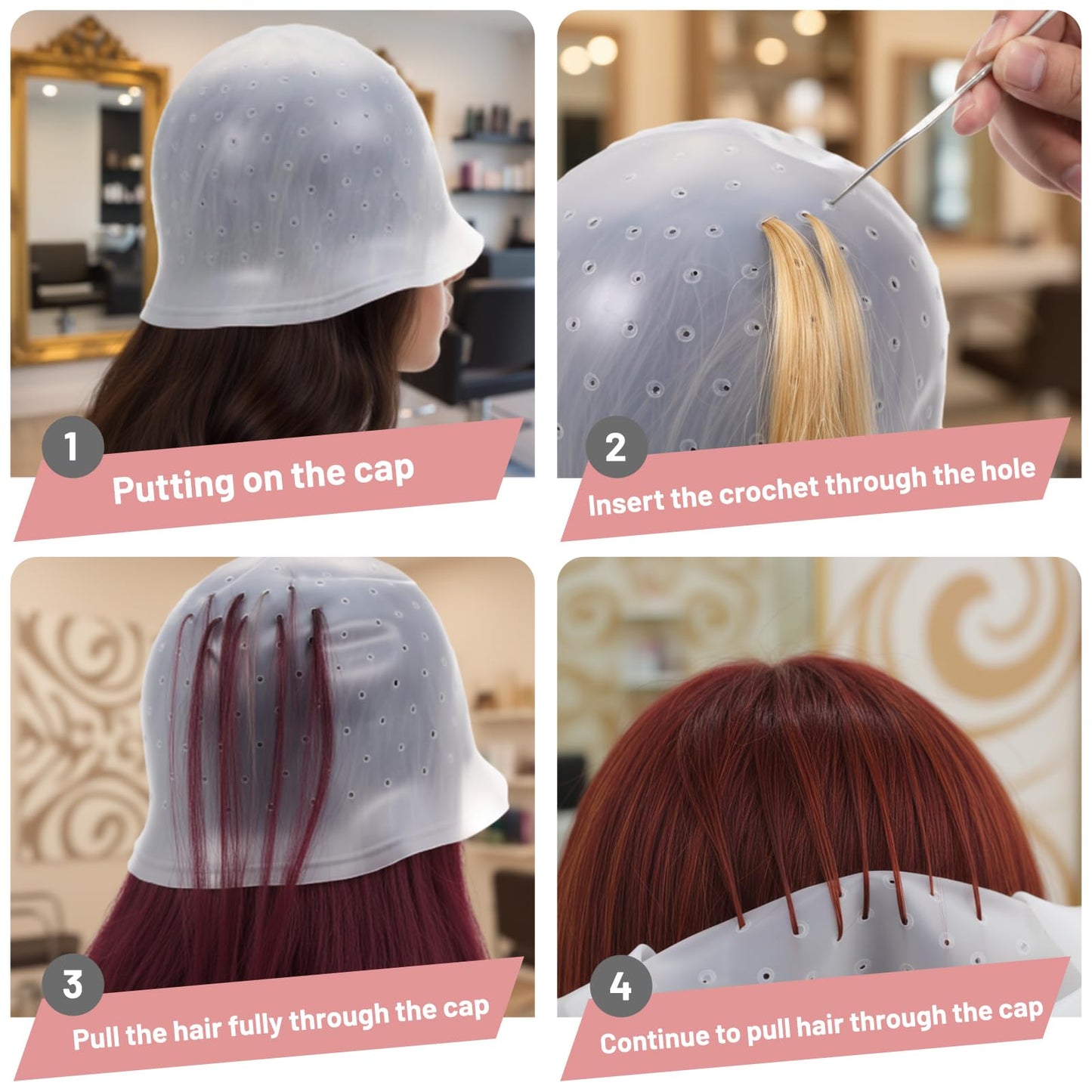 4Pcs Hair Highlighting Cap Set, Highlight Caps for Hair, Hair Dye Cap Suitable for DIY Home Hairstylist, Professional Salon Stylist