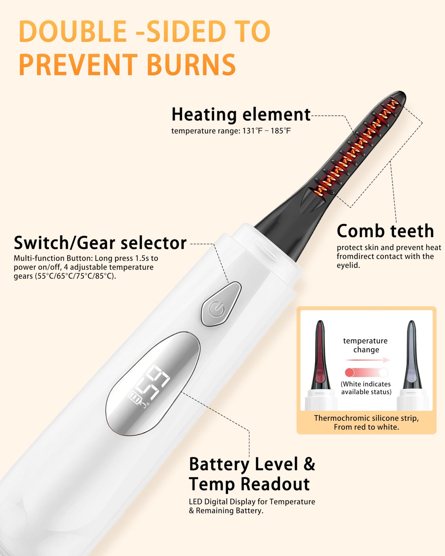 Heated Eyelash Curler for Women - 10s Fast Heating, 4 Adjustable Temp (131℉ - 185℉), LED Display, 24H Long-Lasting Curling Eye Lash Curler, Ergonomic Design, Travel-Friendly Makeup Tool Gift, White