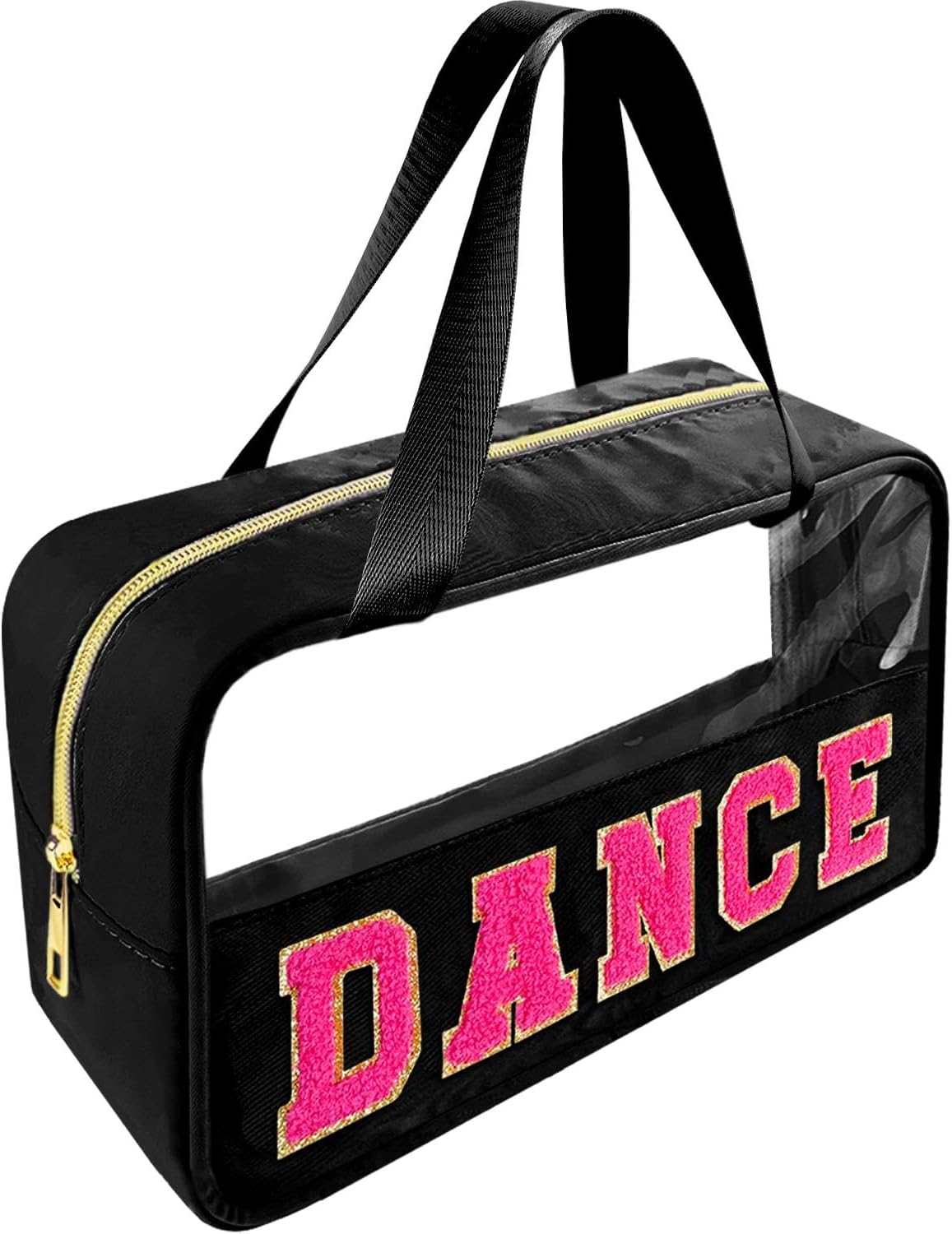 Chenille Letter Clear Makeup Bag - Waterproof Travel Toiletry Bag with Handle | Preppy Dance Patch Design (Black)