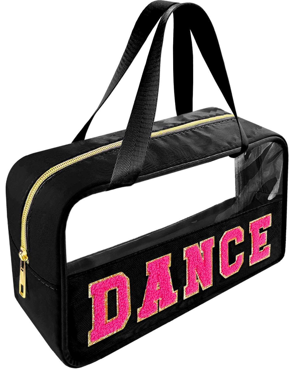 Bunliuys Chenille Letter Clear Makeup Bag Dance Patch, Travel Toiletry Makeup Bag with Handle, Nylon Waterproof Makeup Bags clear cosmetic bag, preppy patch makeup bag for Women (DANCE-Black)