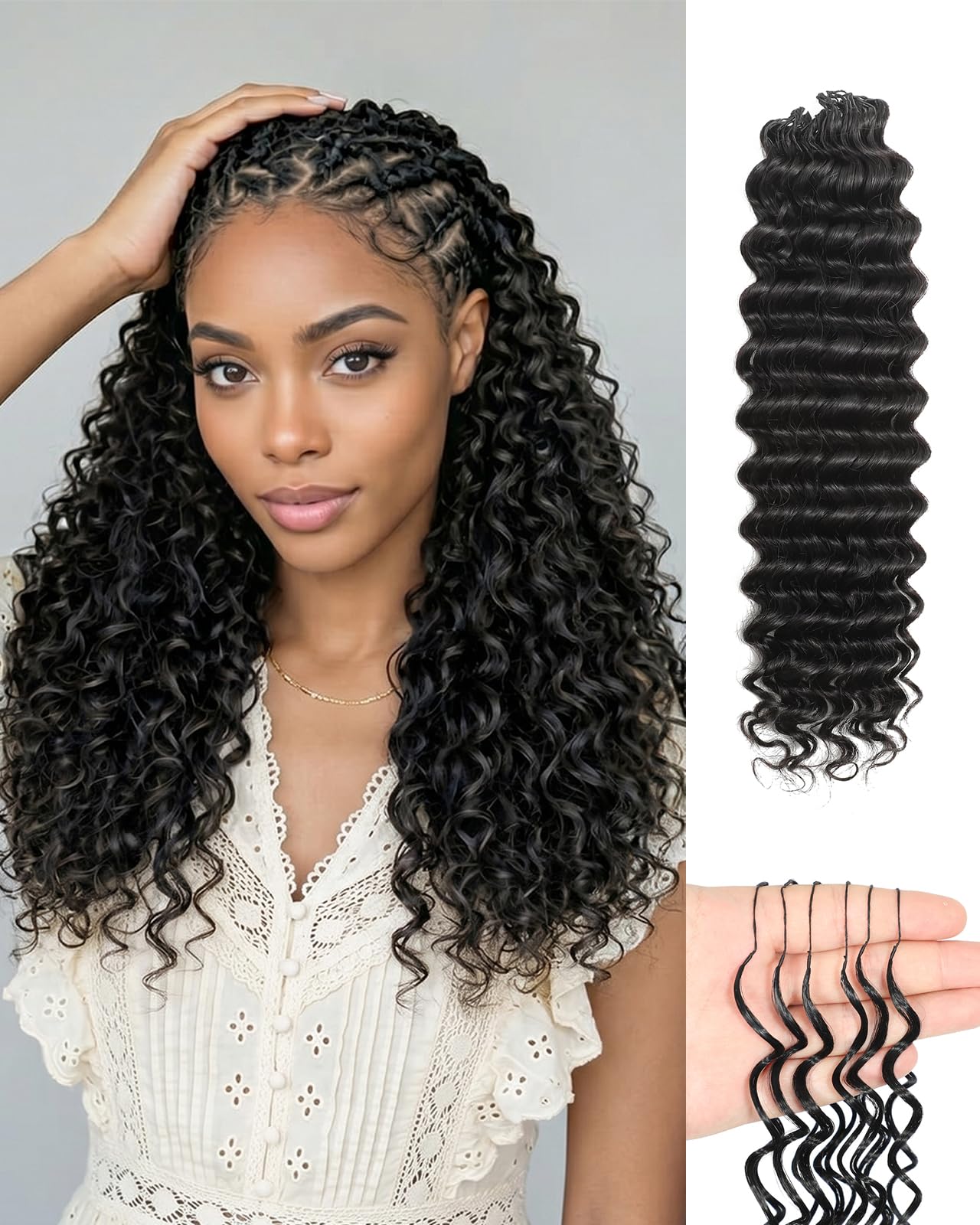 Deep Wave Human Crochet Hair for Black Women, 18 Inch 50g Feather Miracle Knots Crochet Human Hair, Pre-Separated Lightweight Bundles,50 Strands Reusable Hair Extensions for Women,Natural Black
