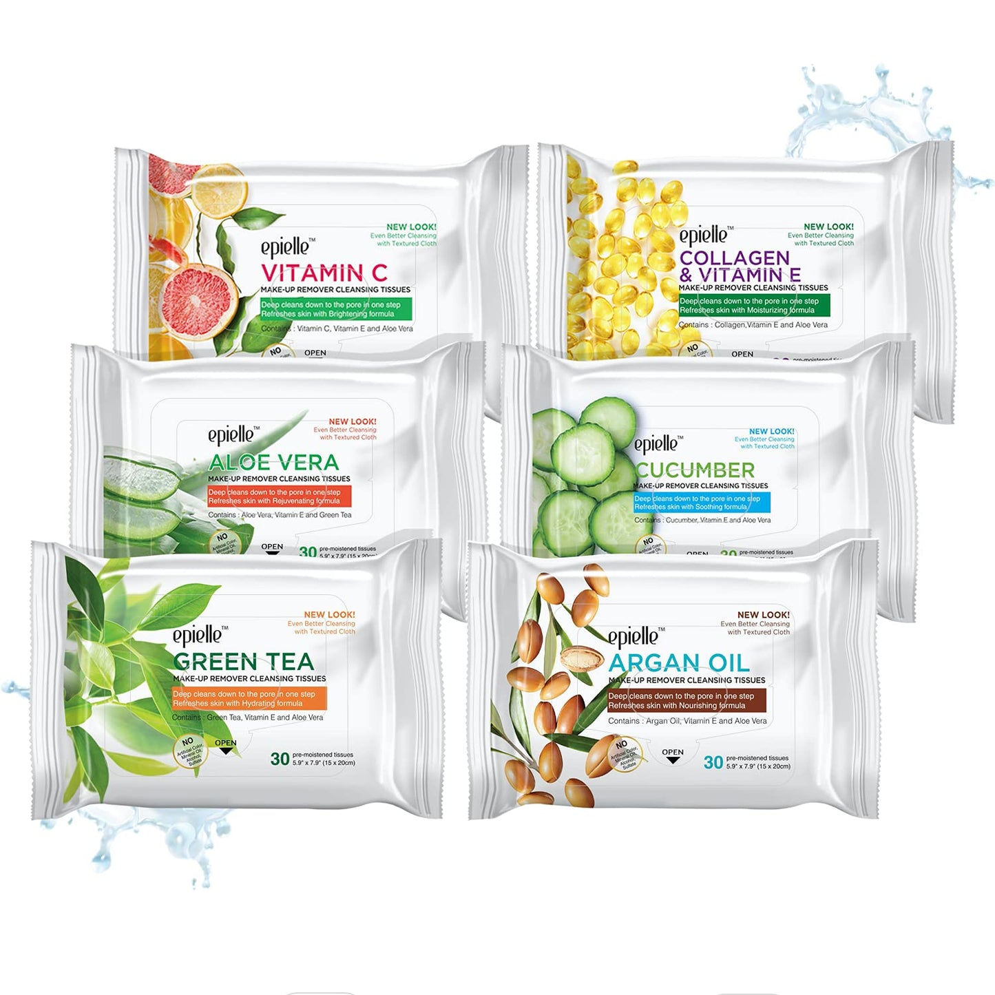 Epielle Gentle Skin Cleansing Wipes - Vitamin C, Aloe Vera & Green Tea | 6 Pack, 30 Count Each, Alcohol-Free, Hypoallergenic
