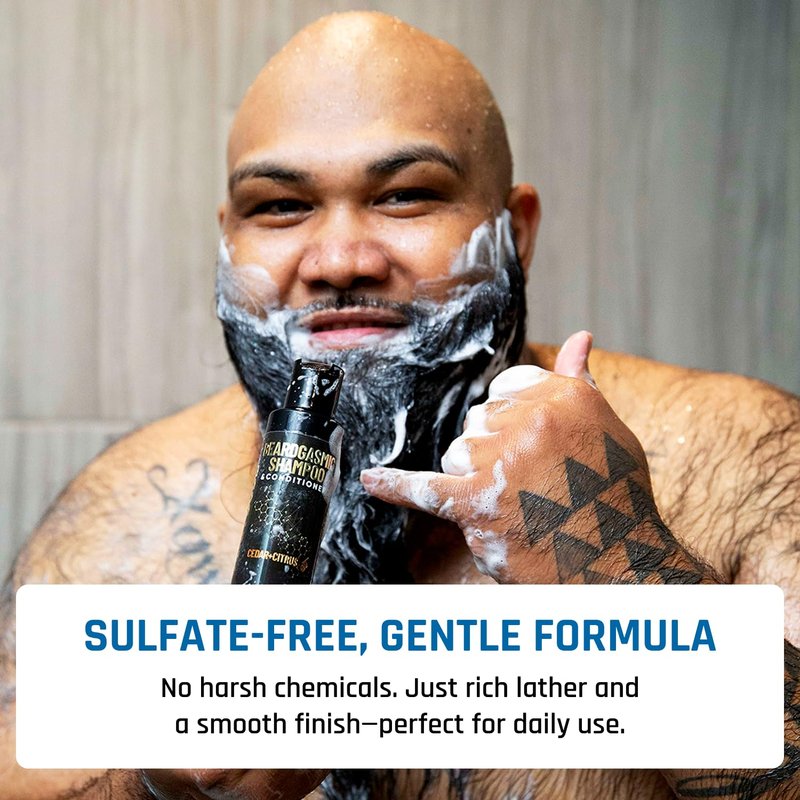 Derm Dude BeardGasmic 2-in-1 Beard Shampoo & Conditioner for Men | Formulated with Aloe Vera & Vitamin E to Clean, Hydrate & Nourish For Thicker Fuller-Looking Beard | Sulfate-Free, Cedar & Citrus 4oz