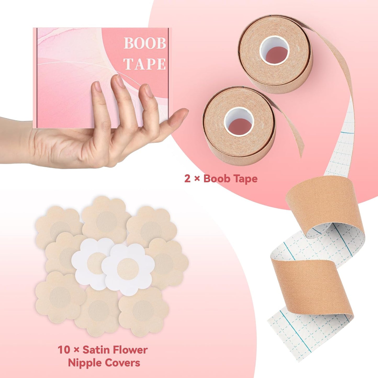 Boob Tape for Breast Lift - 2 Pcs Invisible Body Tape with 10 Pasties | Beige Color