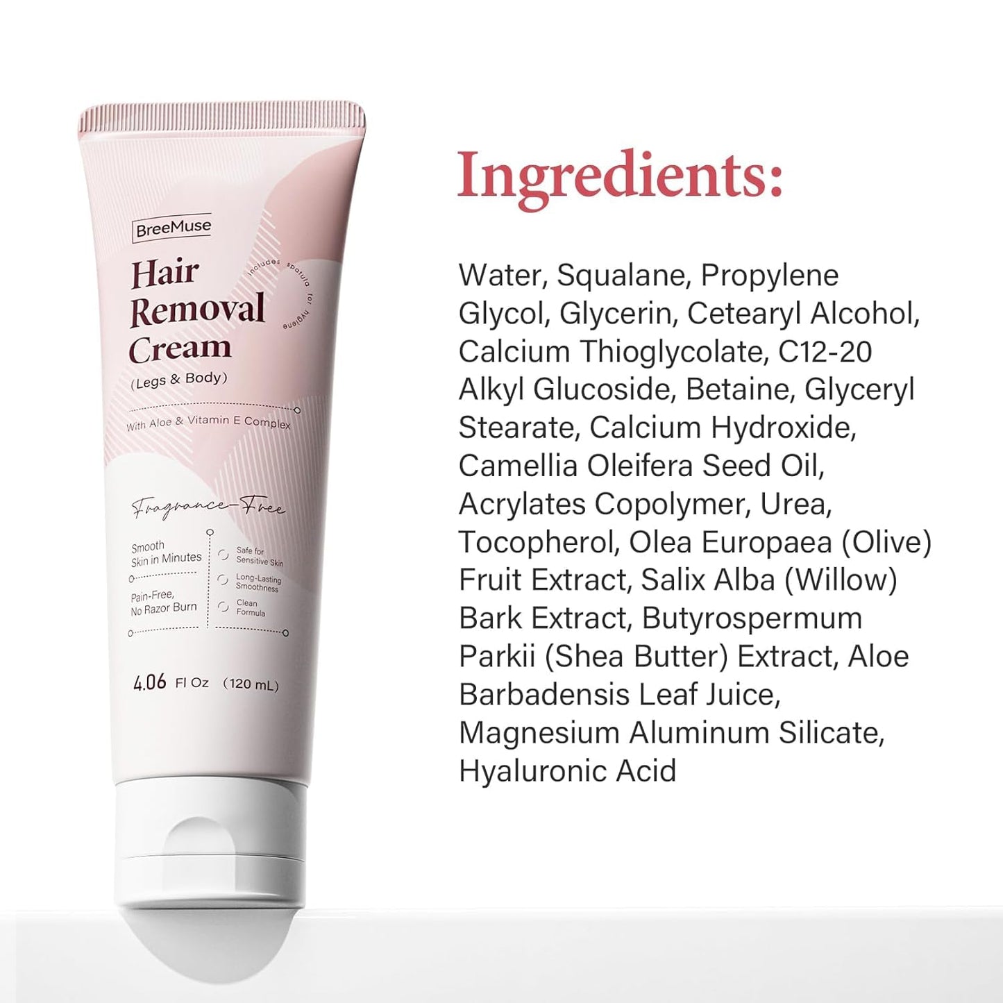 BreeMuse Hair Removal Cream for Women, Painless Depilatory Cream for Legs, Bikini Line & Underarms, Fast 5-10 Minute Body Hair Remover for Sensitive Skin with Moisturizing & Smoothing Formula