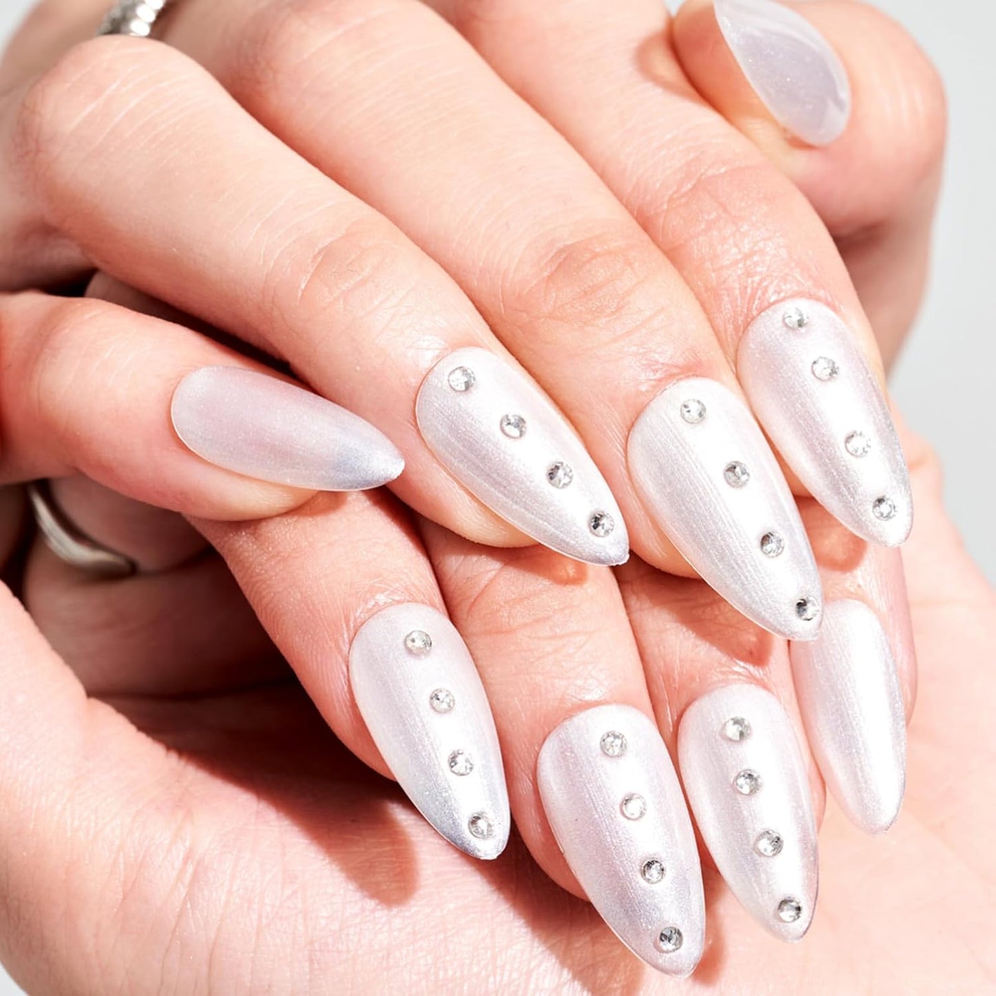 Press On Nails | Medium Almond White Ombre Gel False Nails - Reusable Short Stiletto & Oval Acrylic Manicure Set
