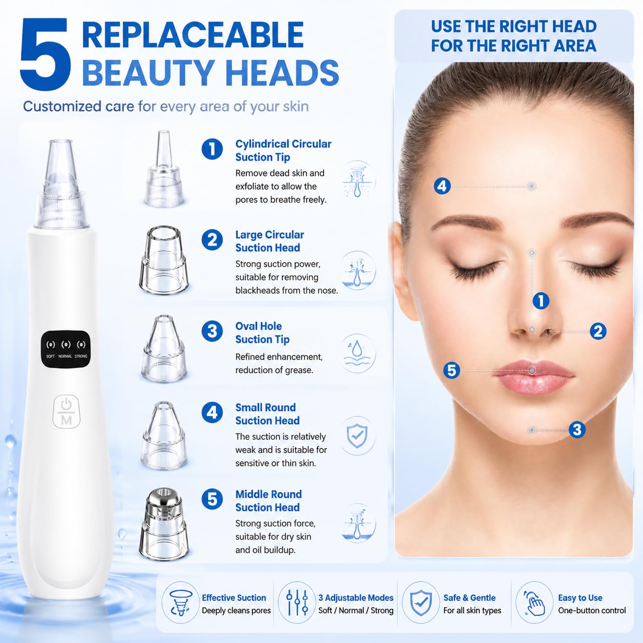 Blackhead Remover Pore Vacuum,Facial Pore Cleaner-3 Suction Power, 5 Interchangeable Heads, Facial Pore Cleaner Kit Electric Extractor Tool for Women and Men, Home Skincare Gift