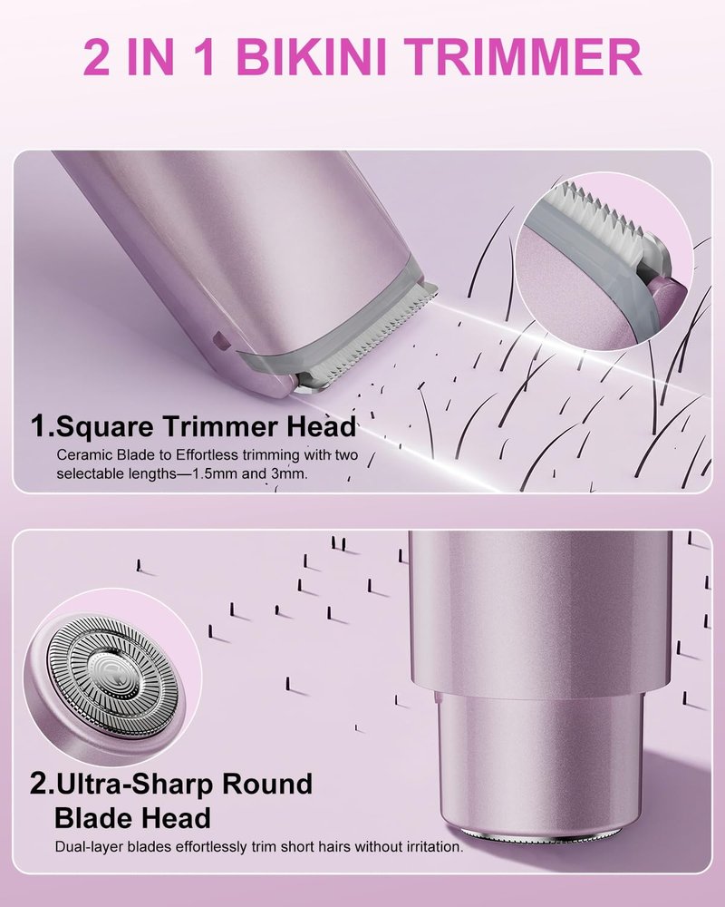 2-in-1 Electric Bikini Trimmer for Women: Dual Head Pubic Area Body Hair Shaver for Womens - Rechargeable IPX6 Wet Dry Razor with LED Display for Female - Painless Facial Removal Ceramic Blade Shavers