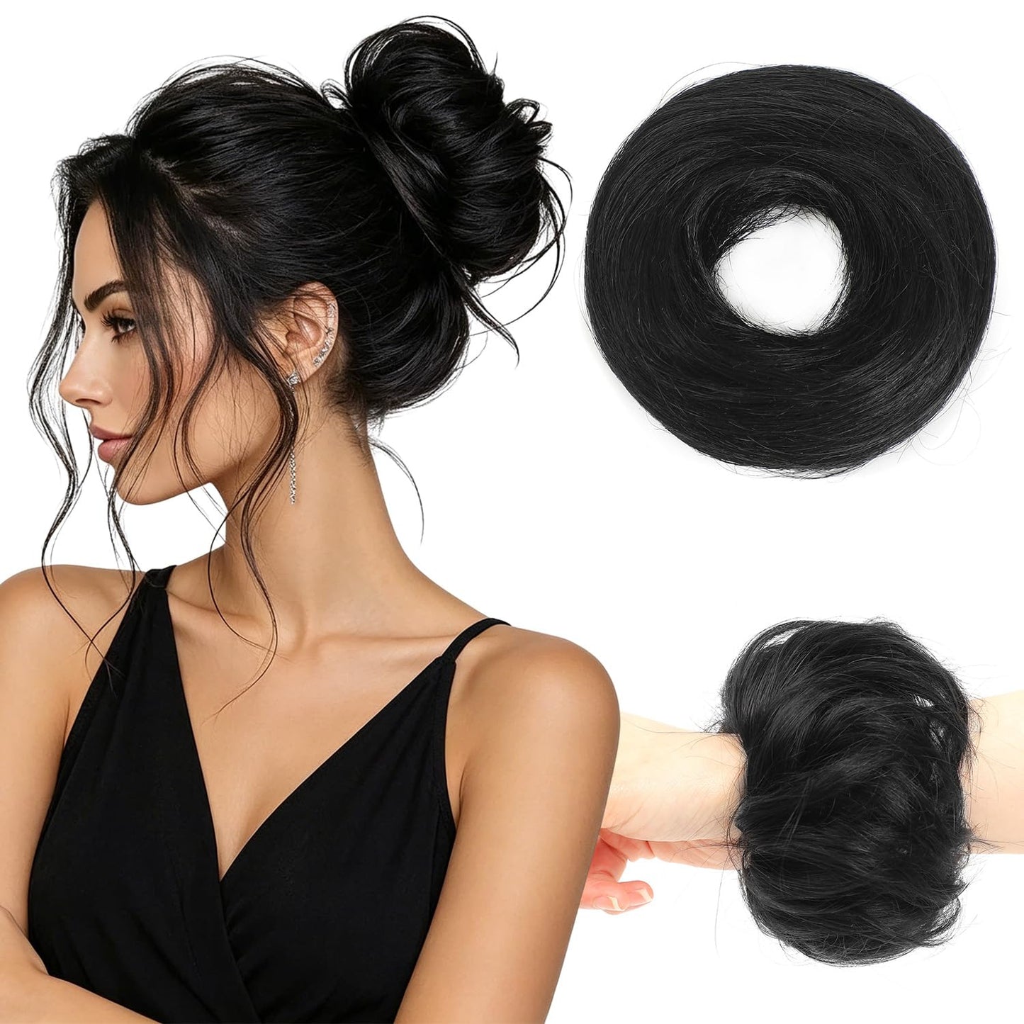 Messy Bun Hair Piece - 100% Human Hair Fluffy Donut Updo Extensions | 2Pcs Natural Black
