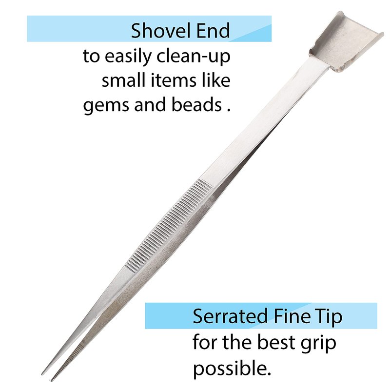 The Beadsmith Tweezers with Shovel - 7 inches long, 1.4mm serrated tip - Shovel for picking up small pieces - Stainless Steel - Precision Tool for Crafting and Jewelry Making
