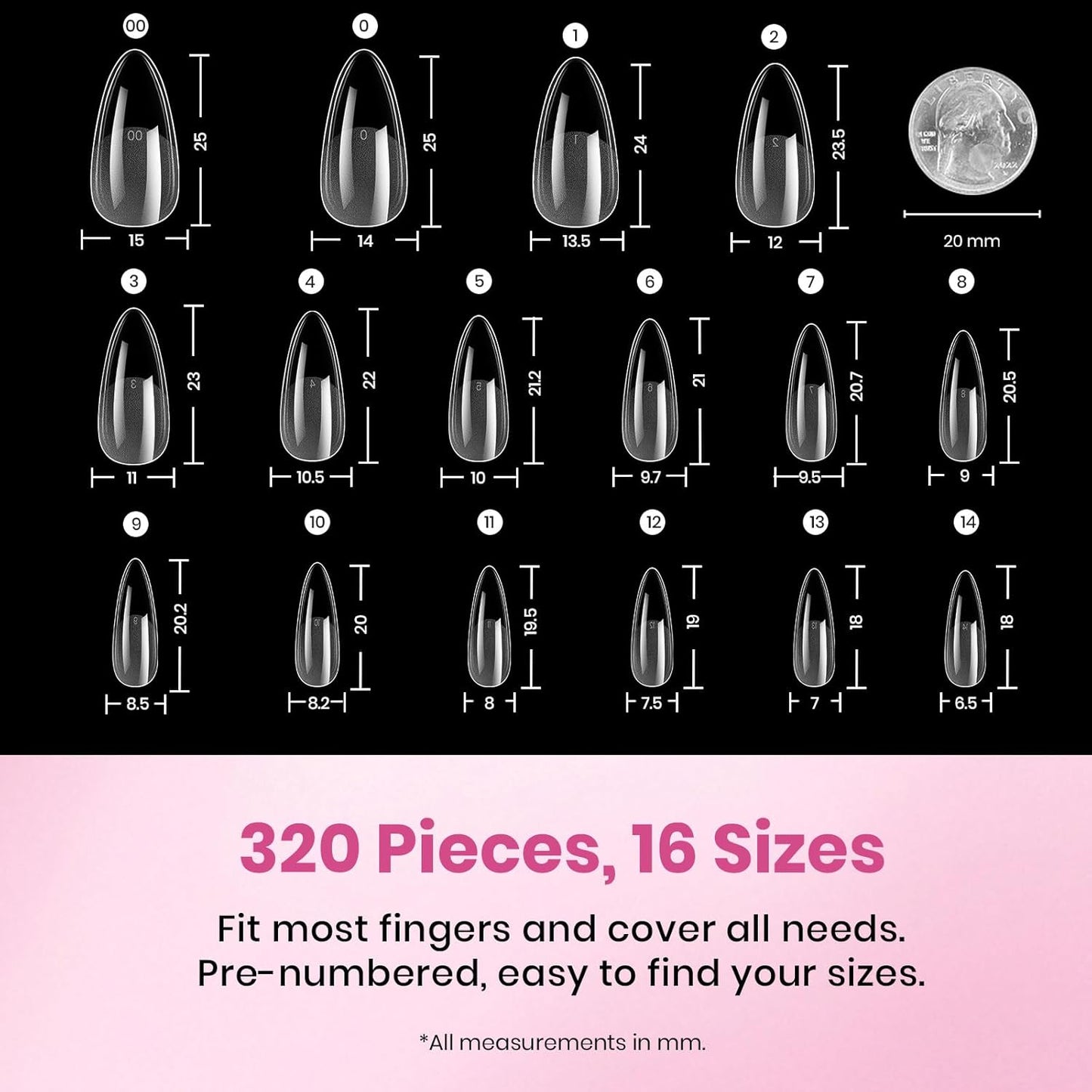 Beetles Medium Almond Nail Tips - 320 Pcs Pre-Etched Half-Matte Full Cover | Easy DIY Nail Extensions for Women