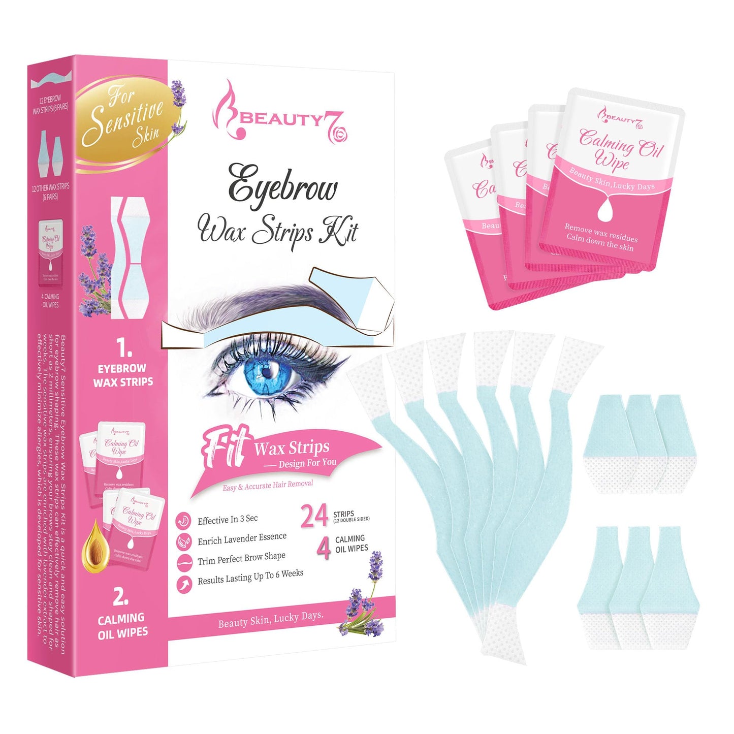Beauty7 Sensitive Eyebrow Wax Strips, Facial Hair Removal for Women, Eyebrow Waxing Strips, with 24 Strip 4 Calming Oil Wipes, Home Waxing for Sensitive Skin Types