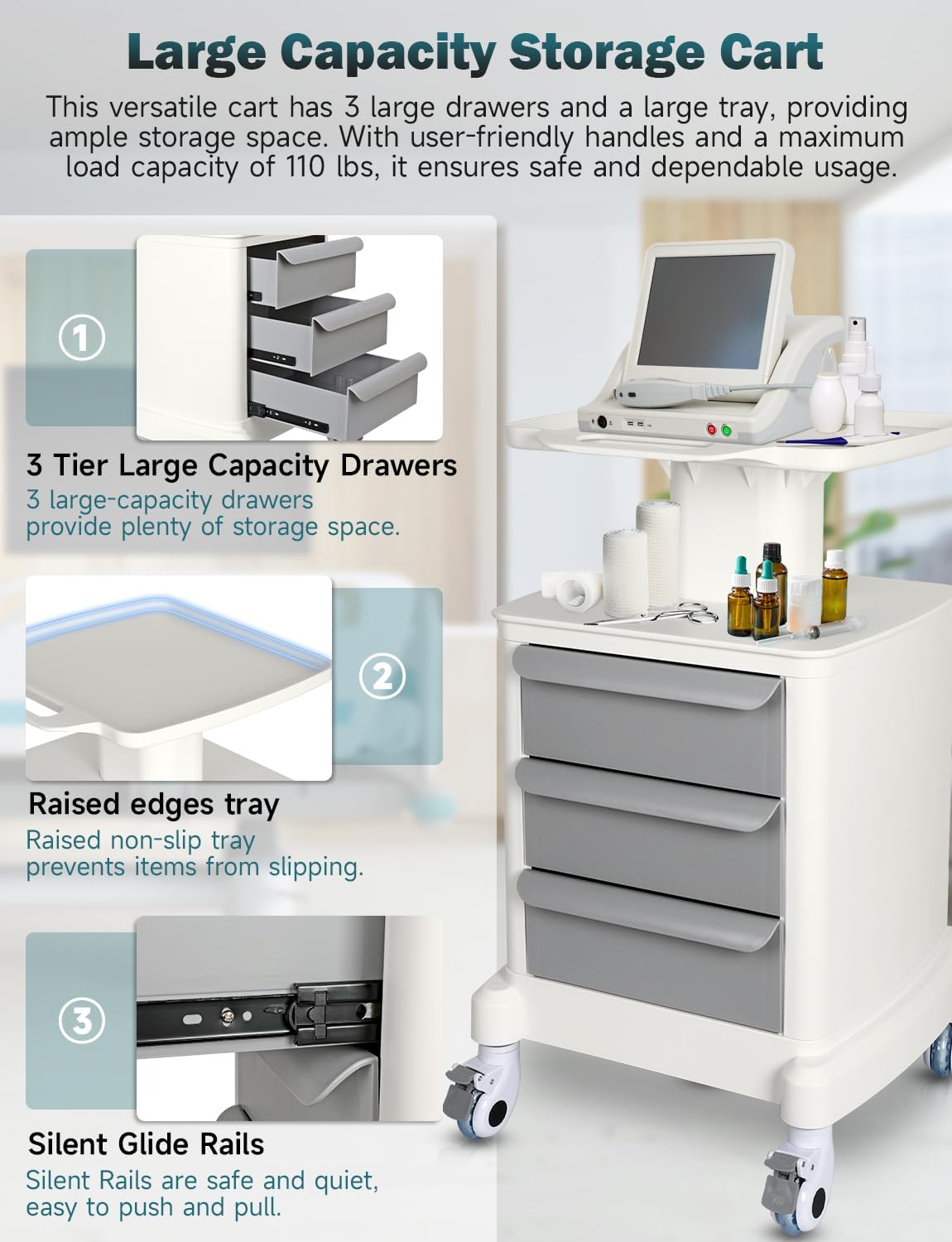 Mobile Trolley Cart - Portable Ultrasound Imaging Scanner Storage | 115 LBS Load, 3 Drawers, 4 Wheels