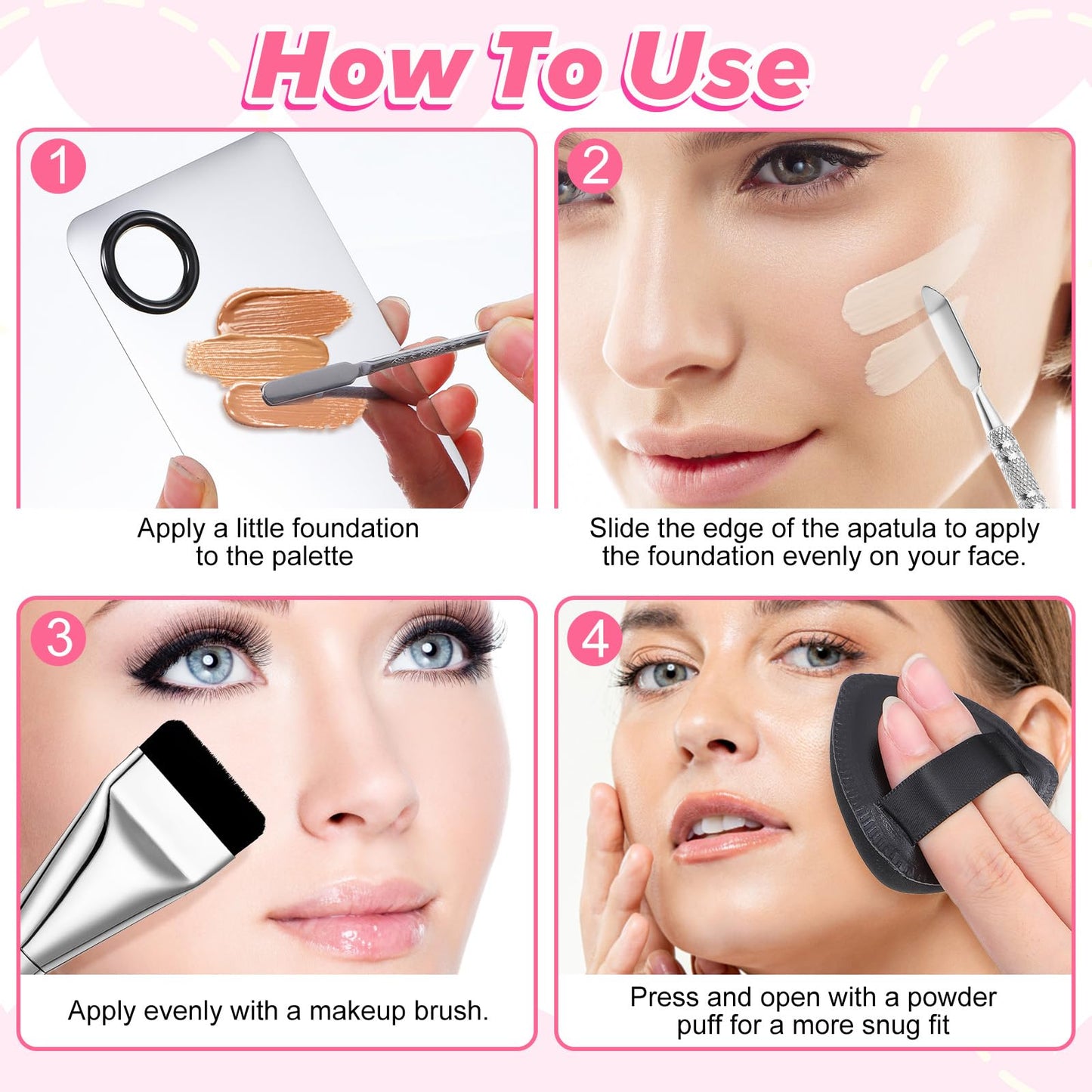 DOPENSPI Makeup Mixing Palette with 2PCS Flat Foundation Brush and Spatula and Powder Puff, Stainless Steel Makeup Palette Tray Cosmetic Palettes with Spatula Tool for Liquid Powder Cream