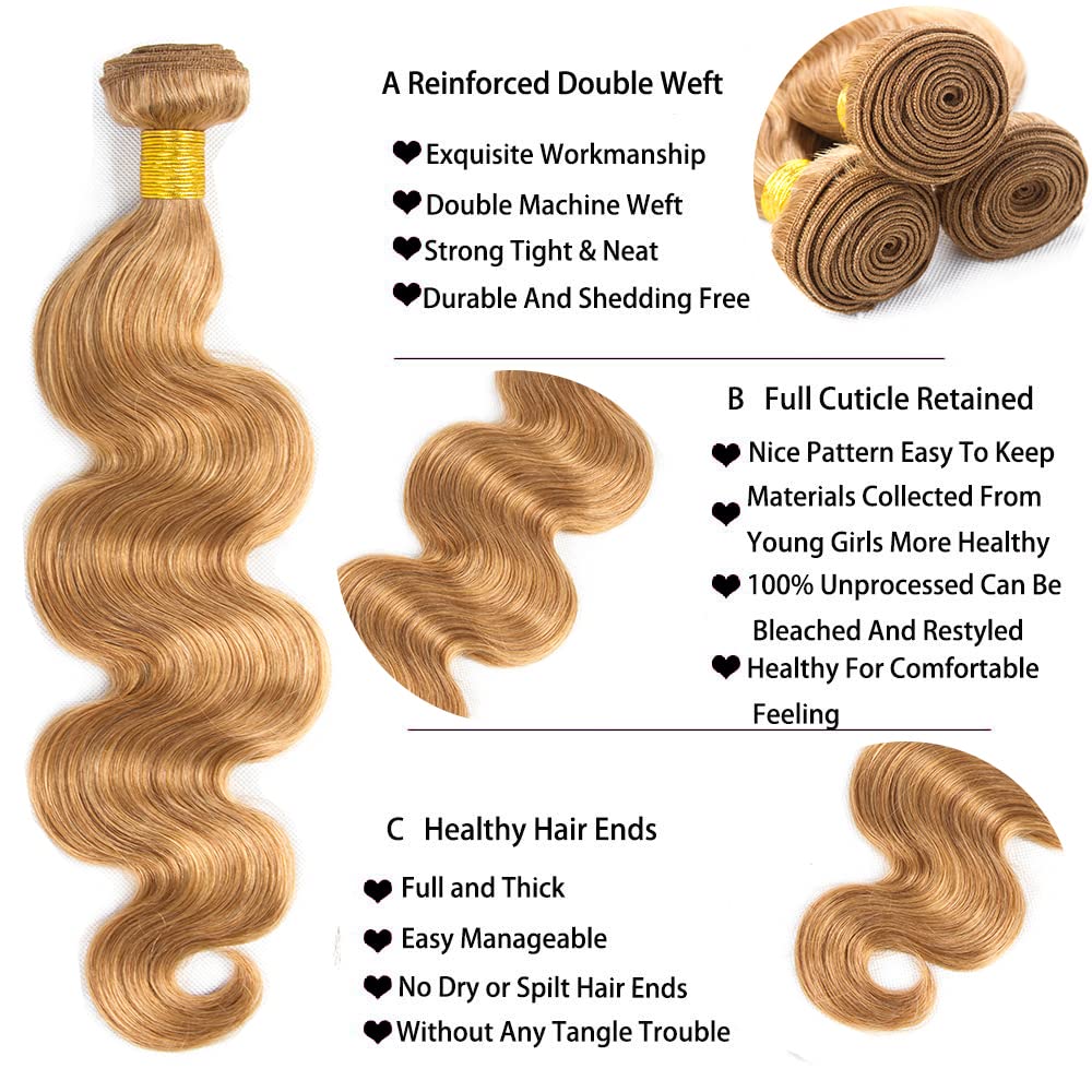 Honey Blonde Bundles Human Hair 27 Body Wave Bundles 20 inch 1 Bundle 55g Double Weft Soft Real 27 Blonde Bundle Human Hair Extensions